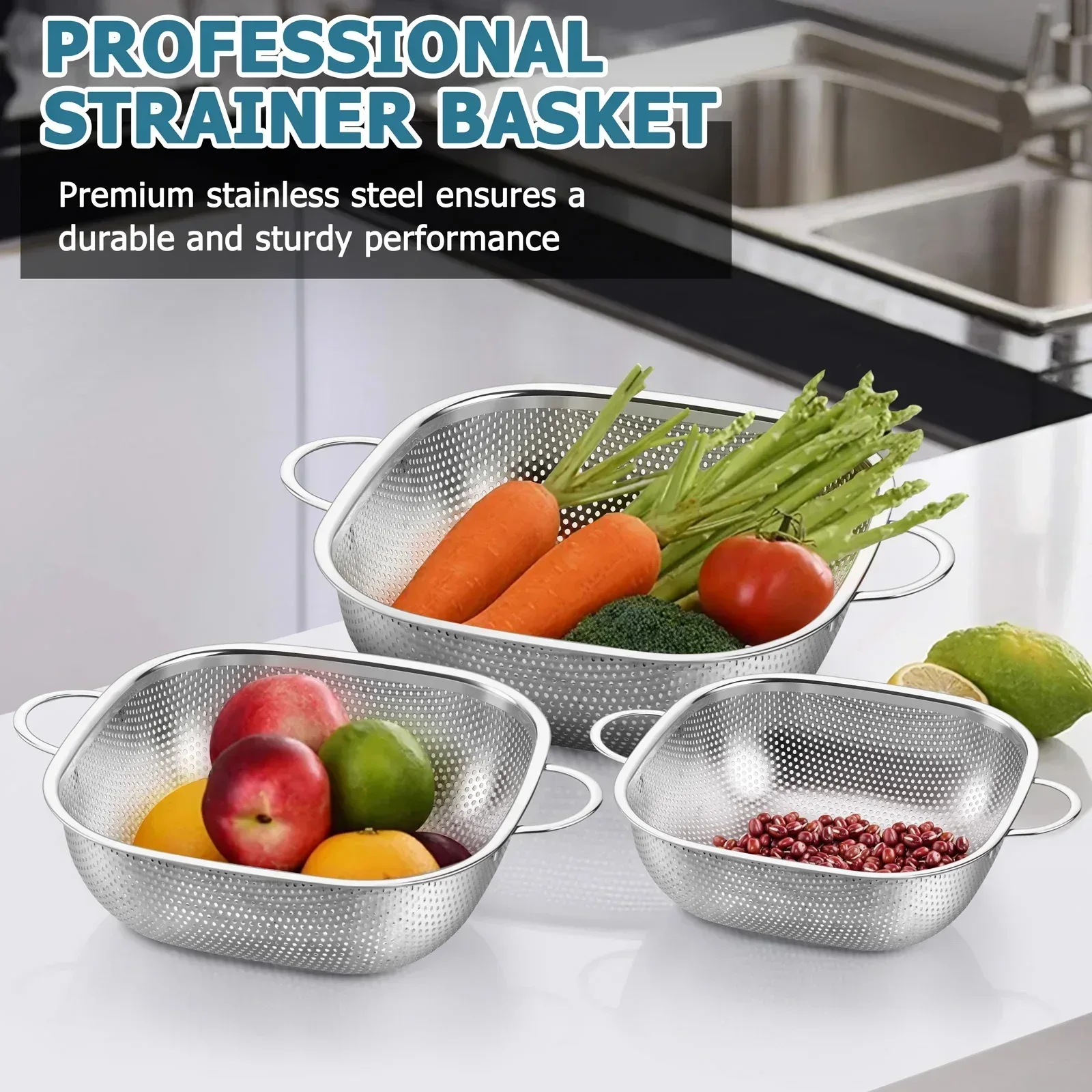 VeSteel Colander Set of 3, Stainless Steel Micro-Perforated Colanders Strainers for Draining Rinsing Washing, Ideal for Pasta Vegetables Fruits, Heavy Duty & Dishwasher Safe - Image 25