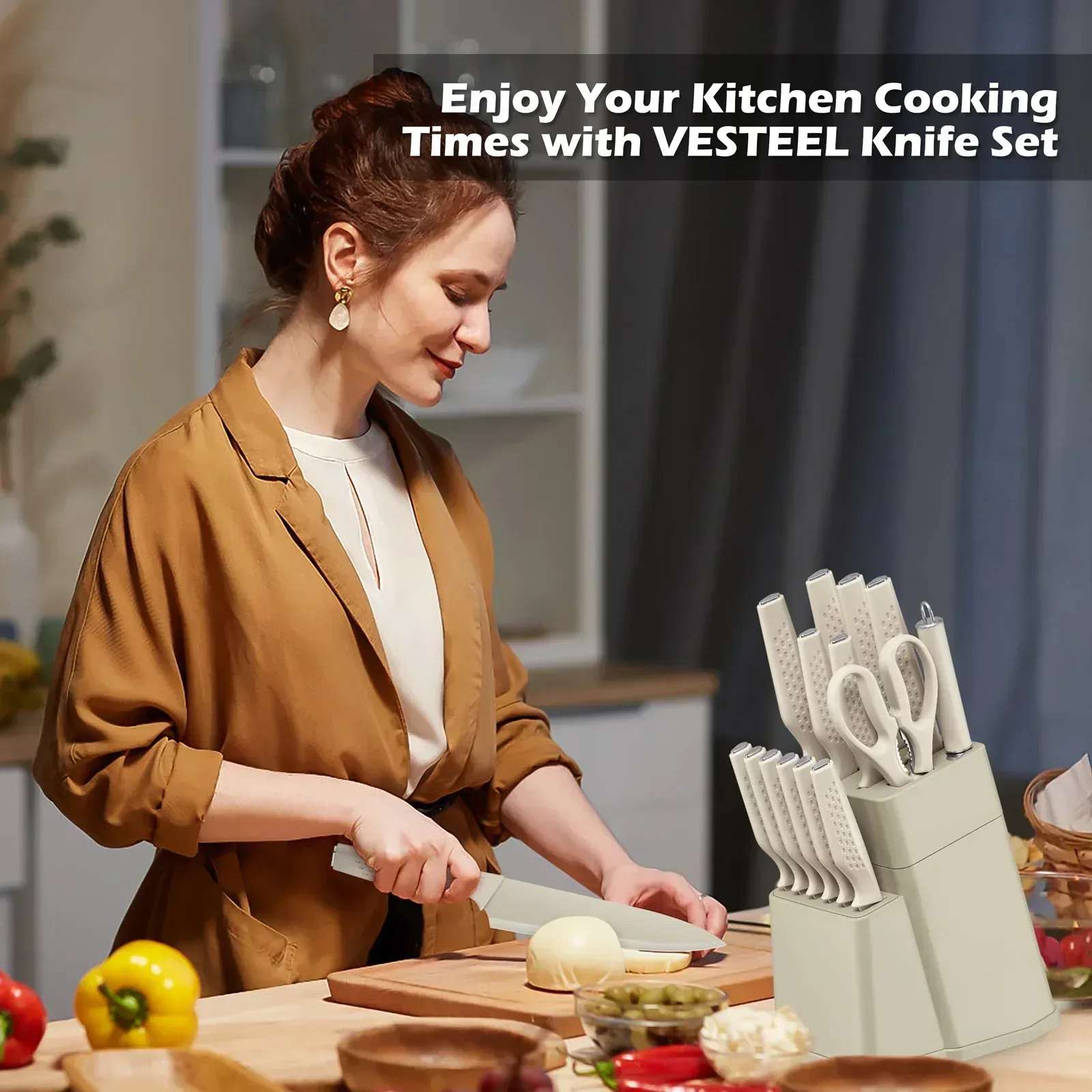 Vesteel Knife Block Set for Kitchen, 15-Piece High Carbon Stainless Steel Knives Set with Ergonomic Handle, Ultra-sharp & Rust Resistant - Image 12