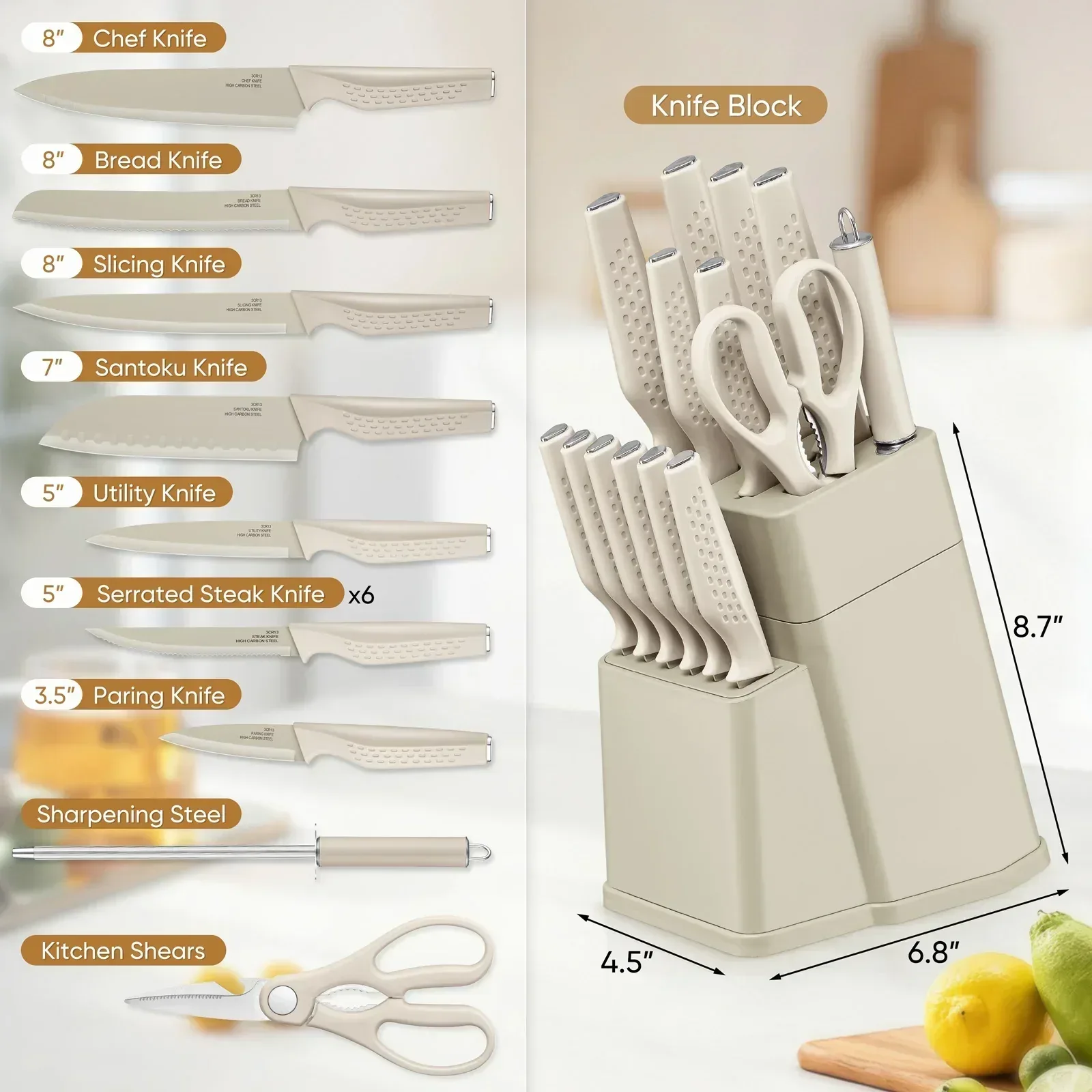 Vesteel Knife Block Set for Kitchen, 15-Piece High Carbon Stainless Steel Knives Set with Ergonomic Handle, Ultra-sharp & Rust Resistant - Image 15