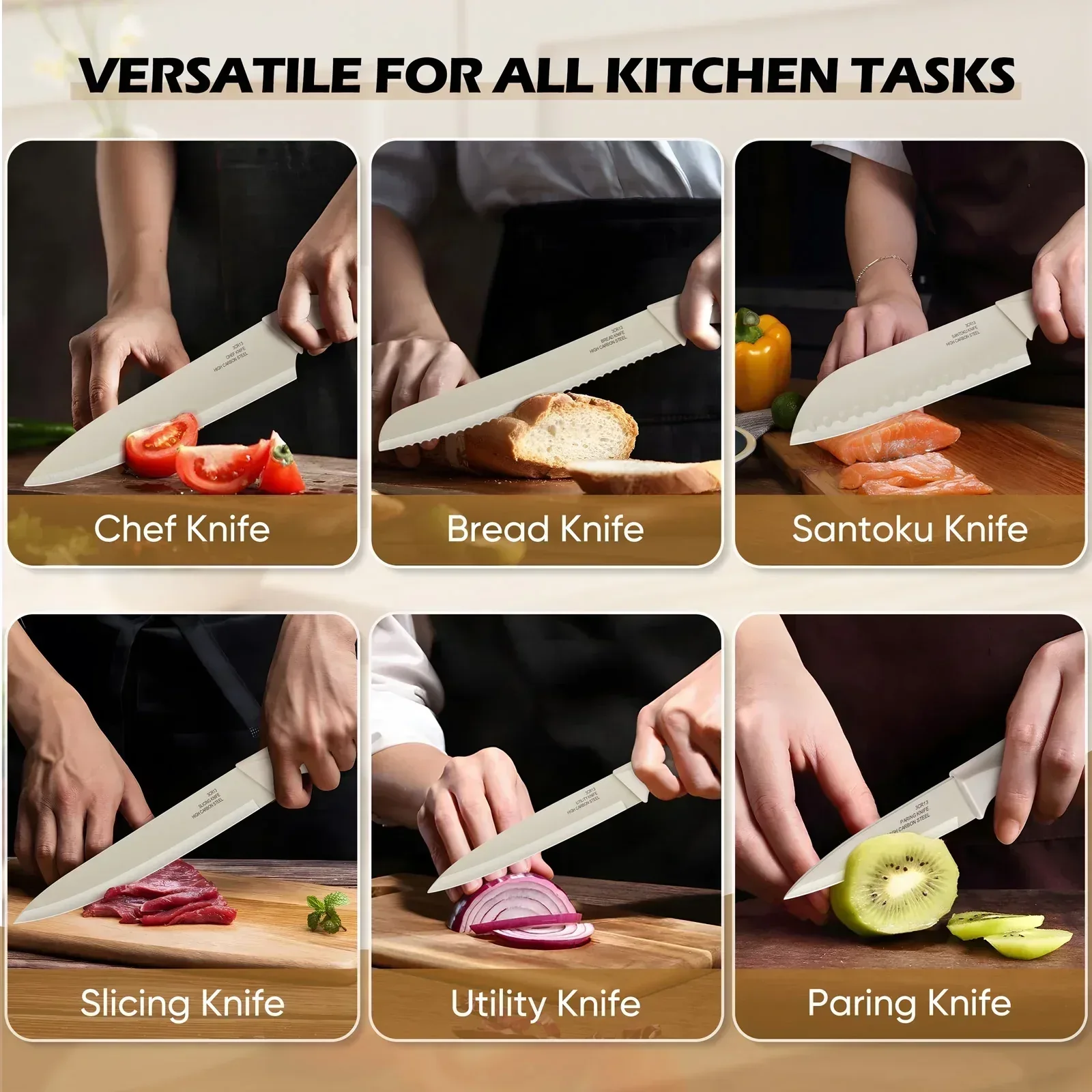 Vesteel Knife Block Set for Kitchen, 15-Piece High Carbon Stainless Steel Knives Set with Ergonomic Handle, Ultra-sharp & Rust Resistant - Image 16