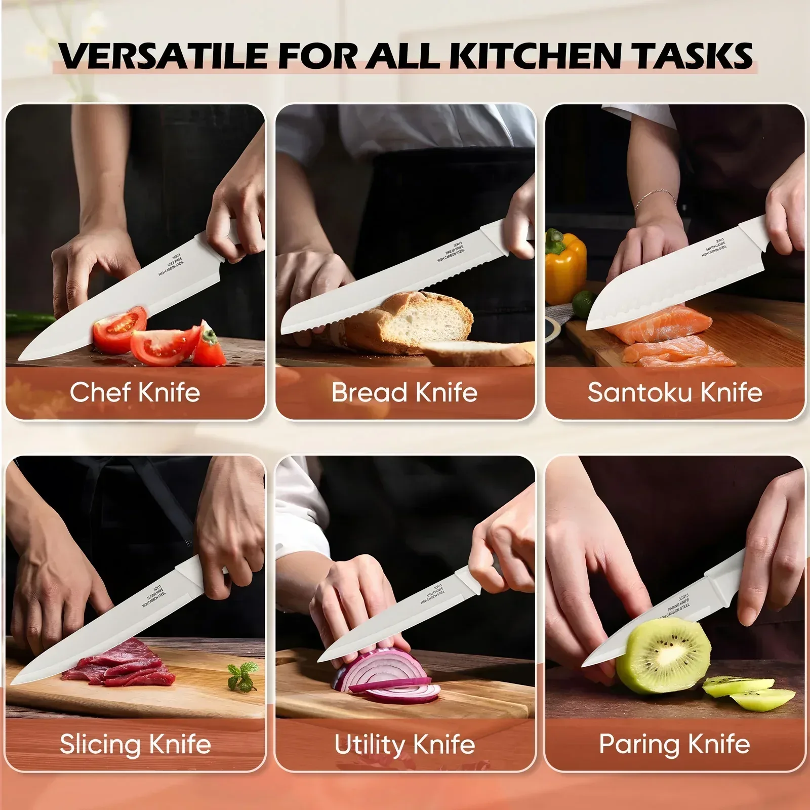 Vesteel Knife Block Set for Kitchen, 15-Piece High Carbon Stainless Steel Knives Set with Ergonomic Handle, Ultra-sharp & Rust Resistant - Image 19