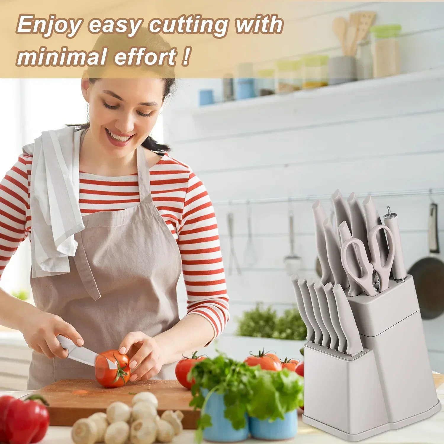Vesteel Knife Set for Kitchen with Block, 15 Pcs High Carbon Stainless Steel Kitchen Knife Set with Self Sharpening - Image 12