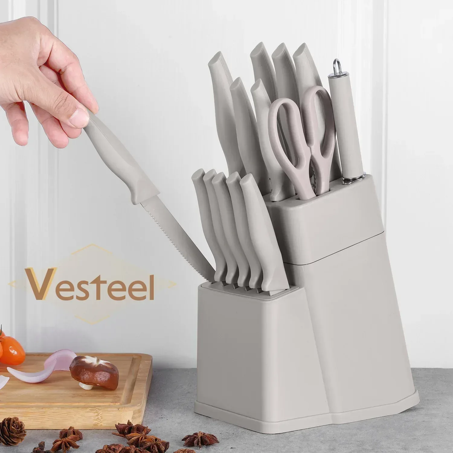 Vesteel Knife Set for Kitchen with Block, 15 Pcs High Carbon Stainless Steel Kitchen Knife Set with Self Sharpening - Image 13