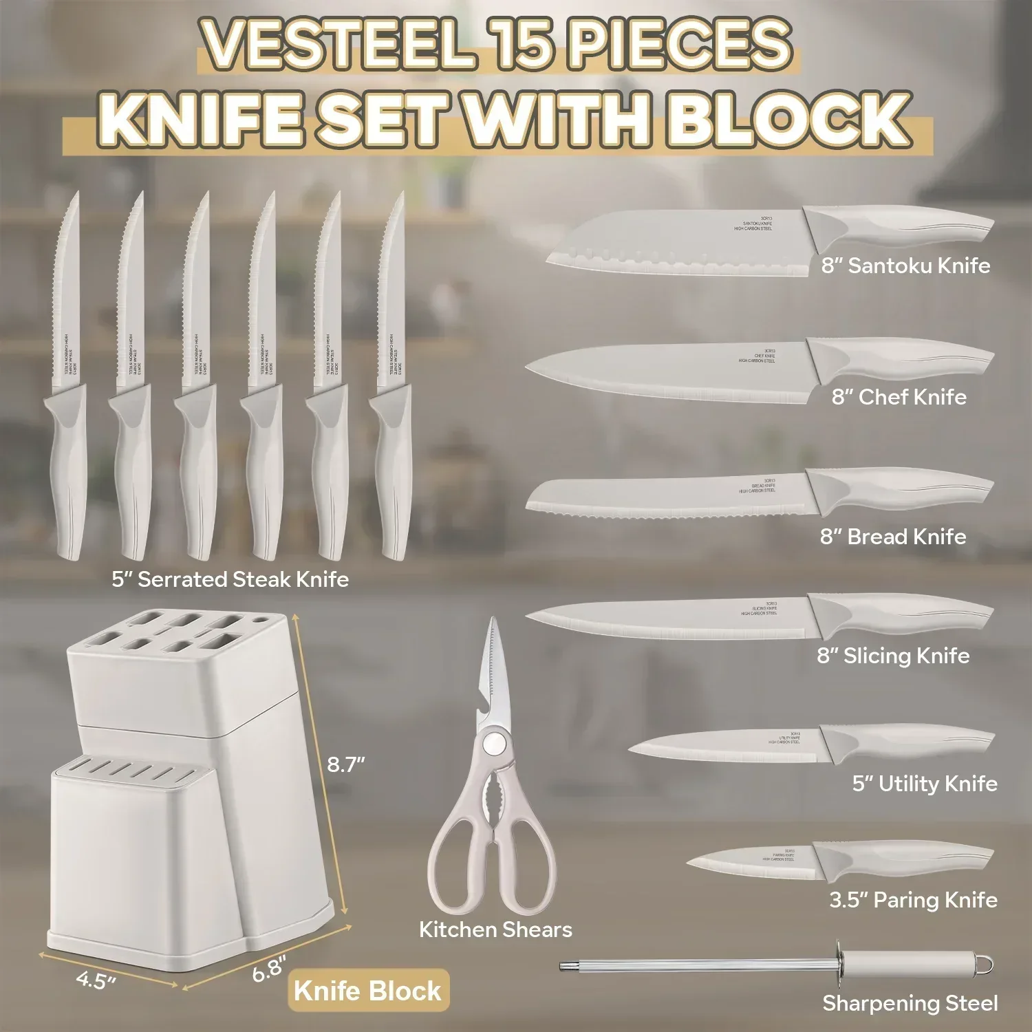 Vesteel Knife Set for Kitchen with Block, 15 Pcs High Carbon Stainless Steel Kitchen Knife Set with Self Sharpening - Image 15