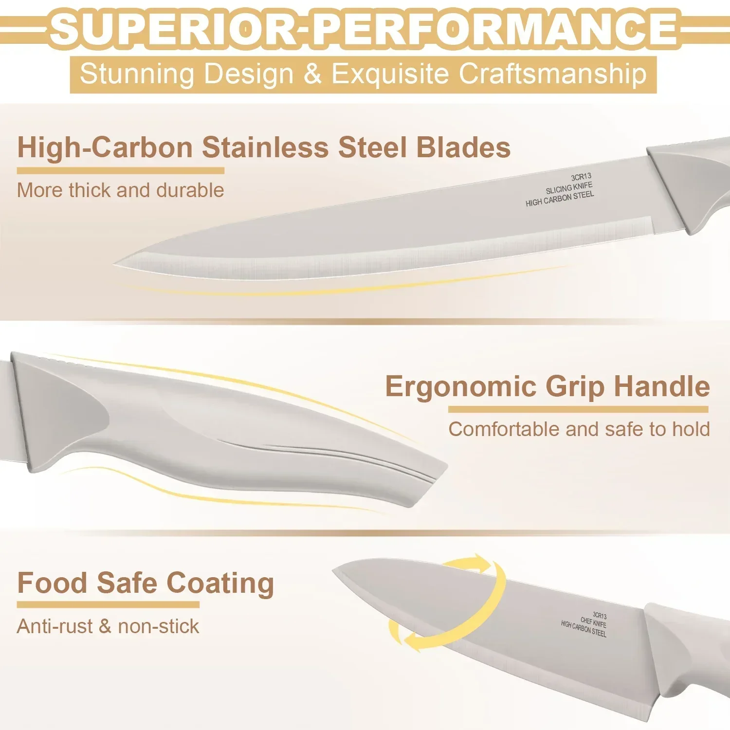 Vesteel Knife Set for Kitchen with Block, 15 Pcs High Carbon Stainless Steel Kitchen Knife Set with Self Sharpening - Image 16