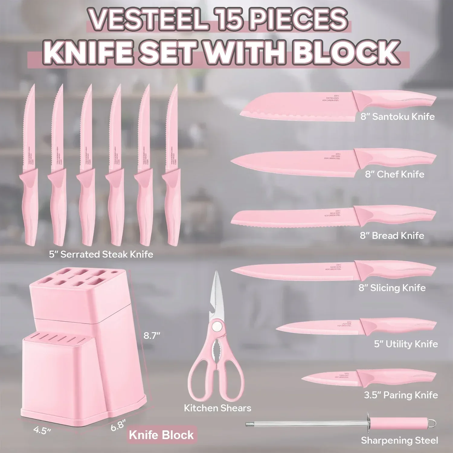 Vesteel Knife Set for Kitchen with Block, 15 Pcs High Carbon Stainless Steel Kitchen Knife Set with Self Sharpening - Image 23