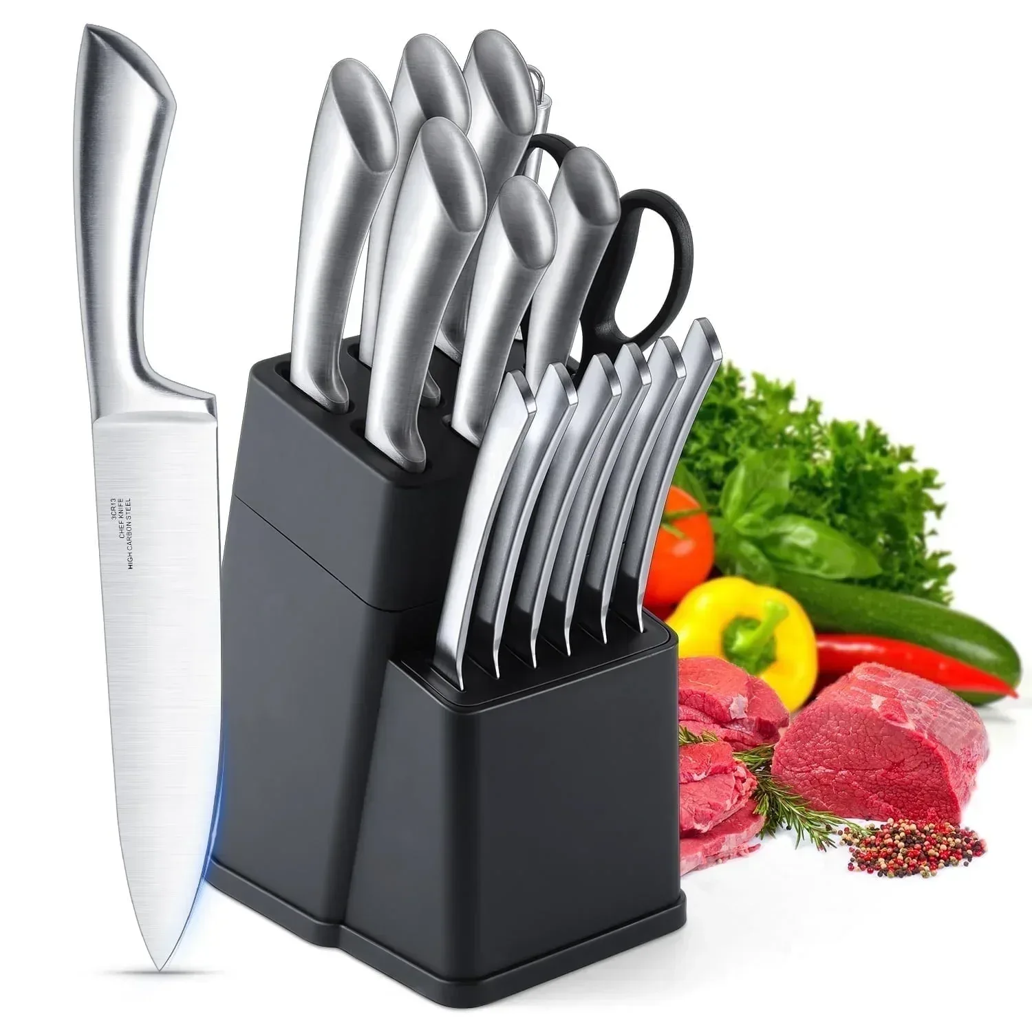 Vesteel Knife Set for Kitchen with Block, 15 Pcs High Carbon Stainless Steel Kitchen Knife Set with Self Sharpening - Image 25