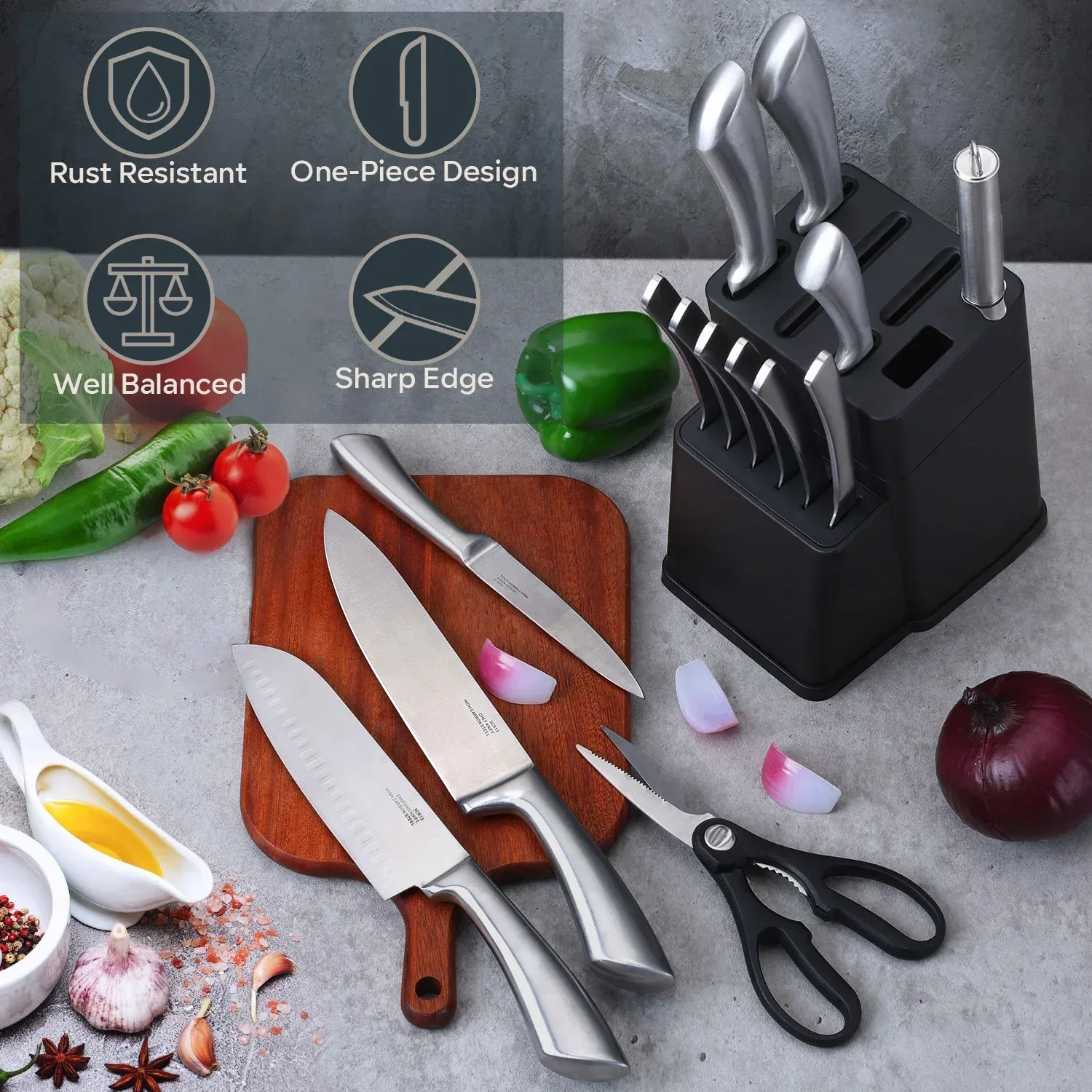 Vesteel Knife Set for Kitchen with Block, 15 Pcs High Carbon Stainless Steel Kitchen Knife Set with Self Sharpening - Image 26
