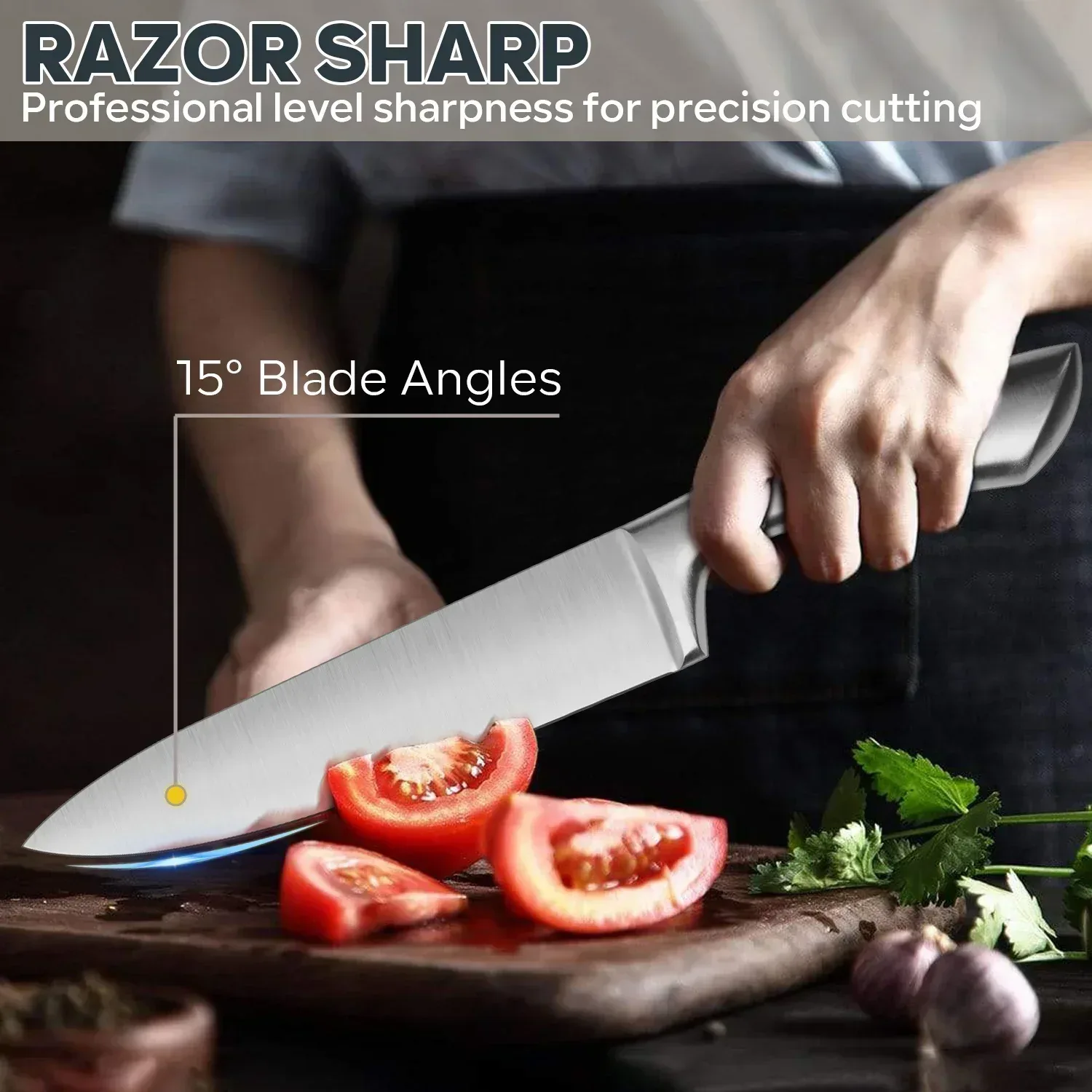 Vesteel Knife Set for Kitchen with Block, 15 Pcs High Carbon Stainless Steel Kitchen Knife Set with Self Sharpening - Image 27