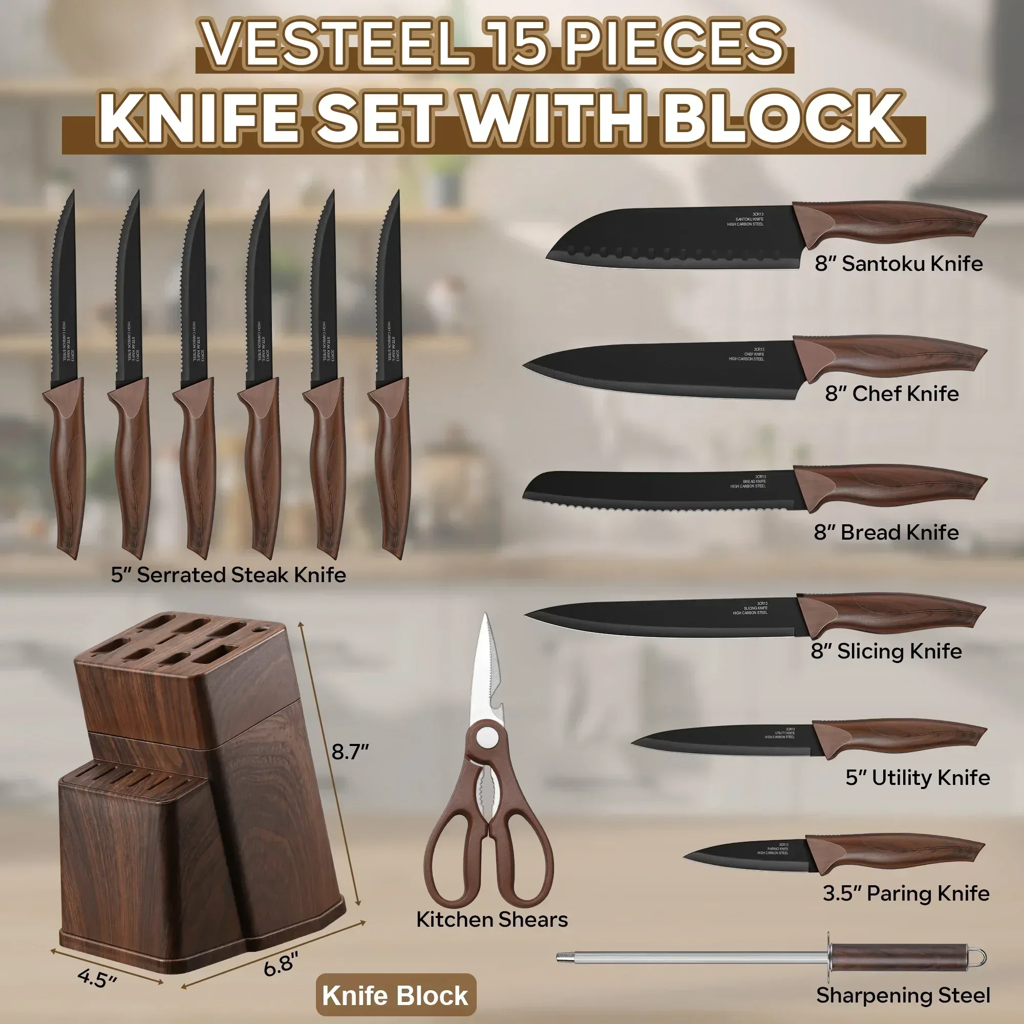 Vesteel Knife Set for Kitchen with Block, 15 Pcs High Carbon Stainless Steel Kitchen Knife Set with Self Sharpening - Image 34
