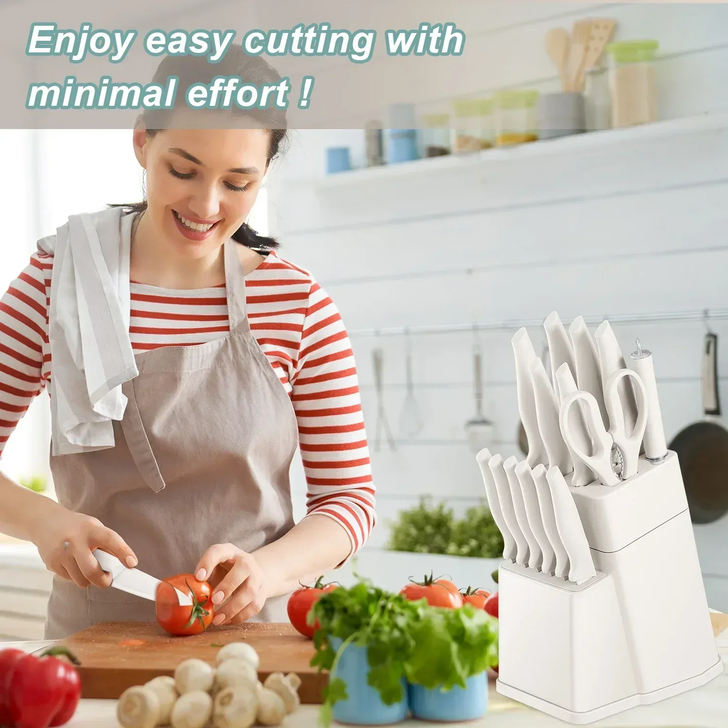 Vesteel Knife Set for Kitchen with Block, 15 Pcs High Carbon Stainless Steel Kitchen Knife Set with Self Sharpening - Image 47