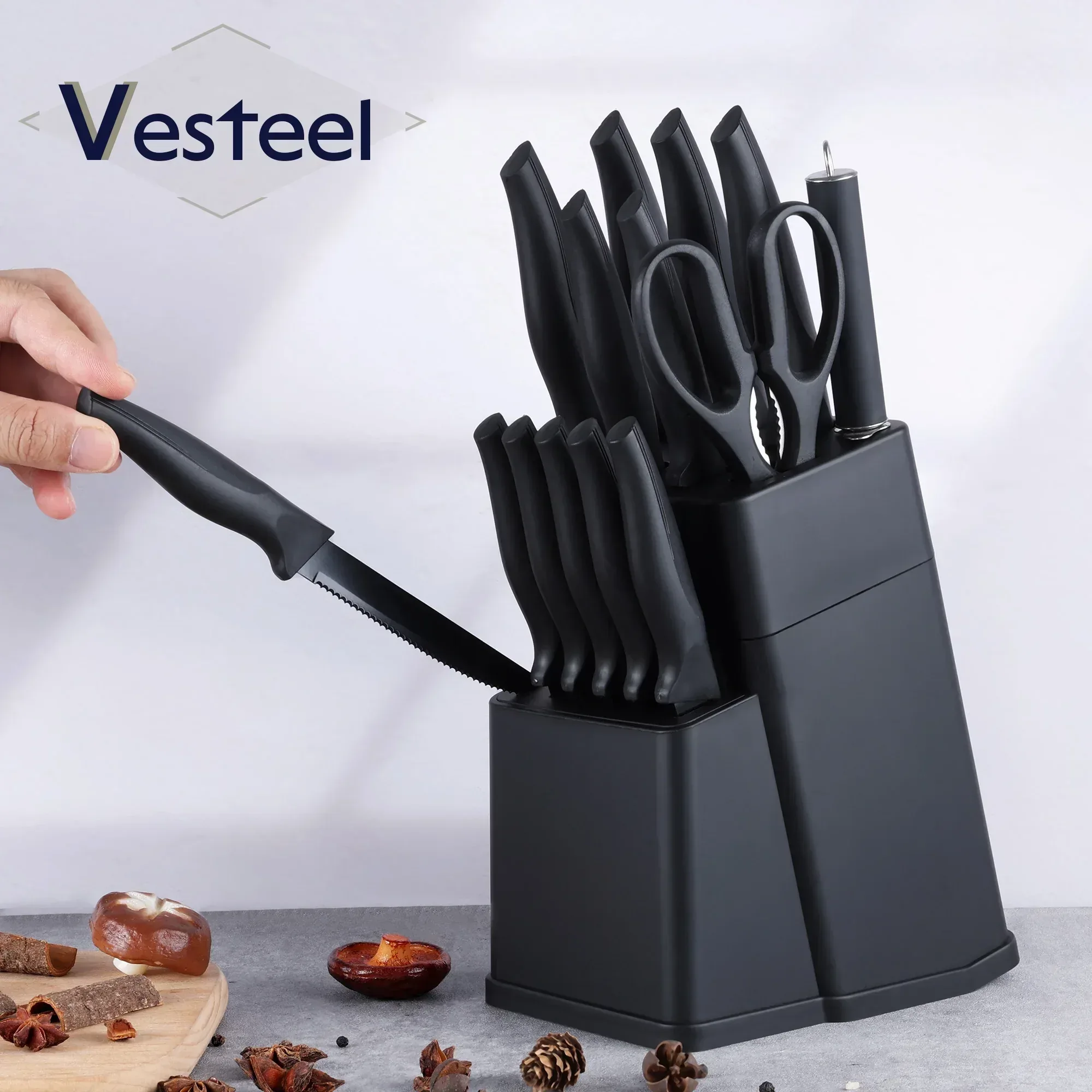 Vesteel Knife Set for Kitchen with Block, 15 Pcs High Carbon Stainless Steel Kitchen Knife Set with Self Sharpening - Image 7