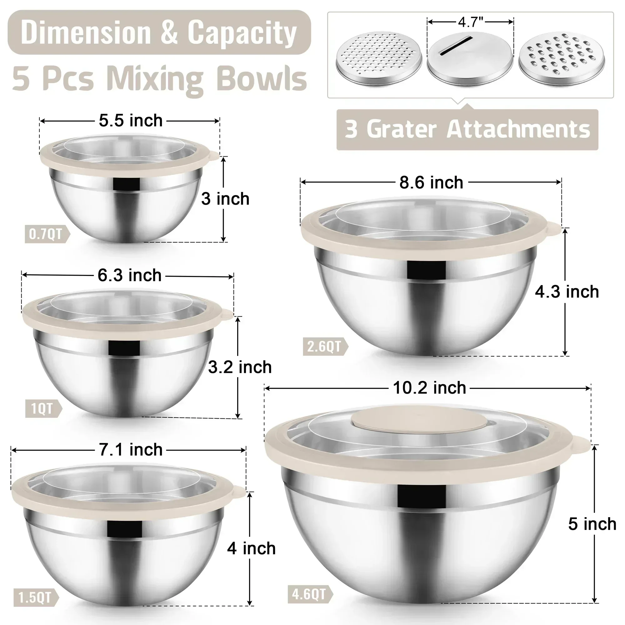Vesteel Mixing Bowls with Lids Set of 8, Stainless Steel Prep Bowls with Upgraded Airtight Visible Lid, Metal Nesting Bowl Attach with 3 Graters for Kitchen Grating/ Shredding / Mixing - Image 15