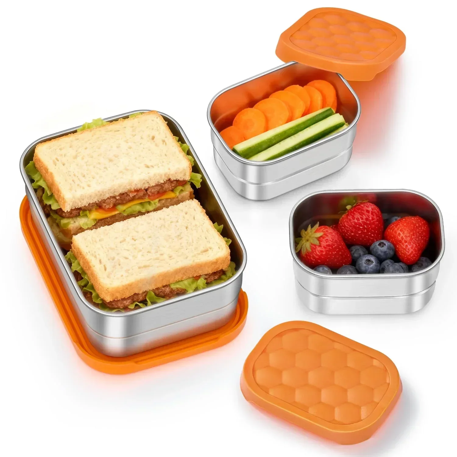 Vesteel Stainless Steel Lunch Container Set, Leak Proof Bento Box with Silicone Lids, Portable Metal Lunch Box for School and Daycare(25OZ + 8OZ*2), Grey - Image 10