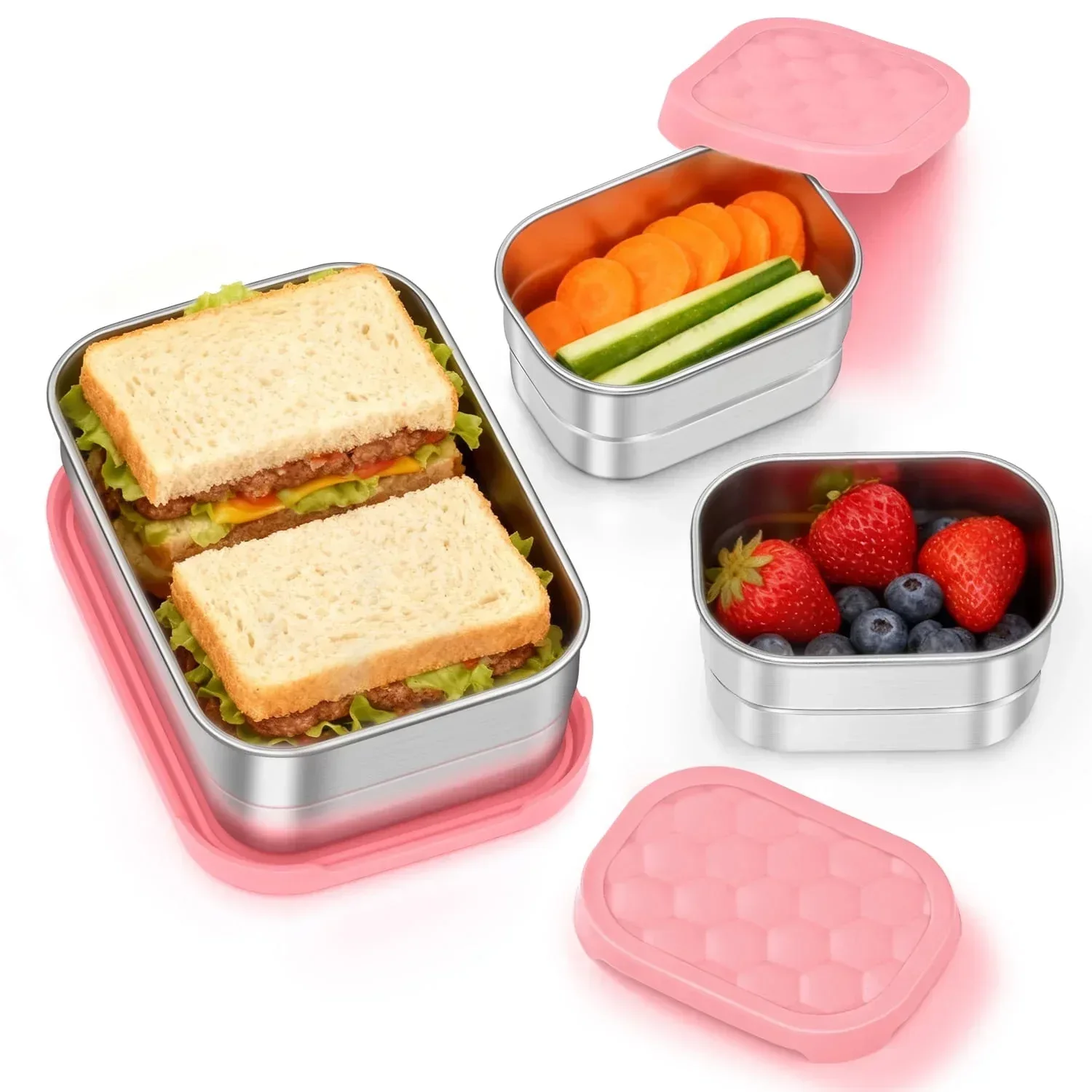 Vesteel Stainless Steel Lunch Container Set, Leak Proof Bento Box with Silicone Lids, Portable Metal Lunch Box for School and Daycare(25OZ + 8OZ*2), Grey - Image 11