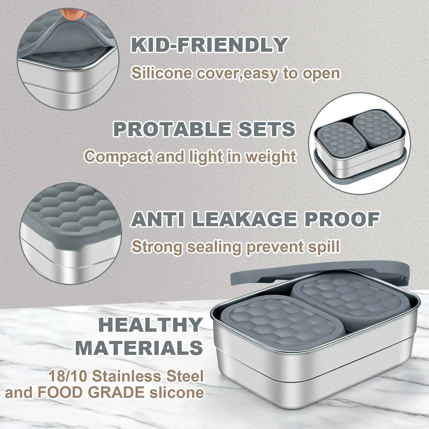 Vesteel Stainless Steel Lunch Container Set, Leak Proof Bento Box with Silicone Lids, Portable Metal Lunch Box for School and Daycare(25OZ + 8OZ*2), Grey - Image 6