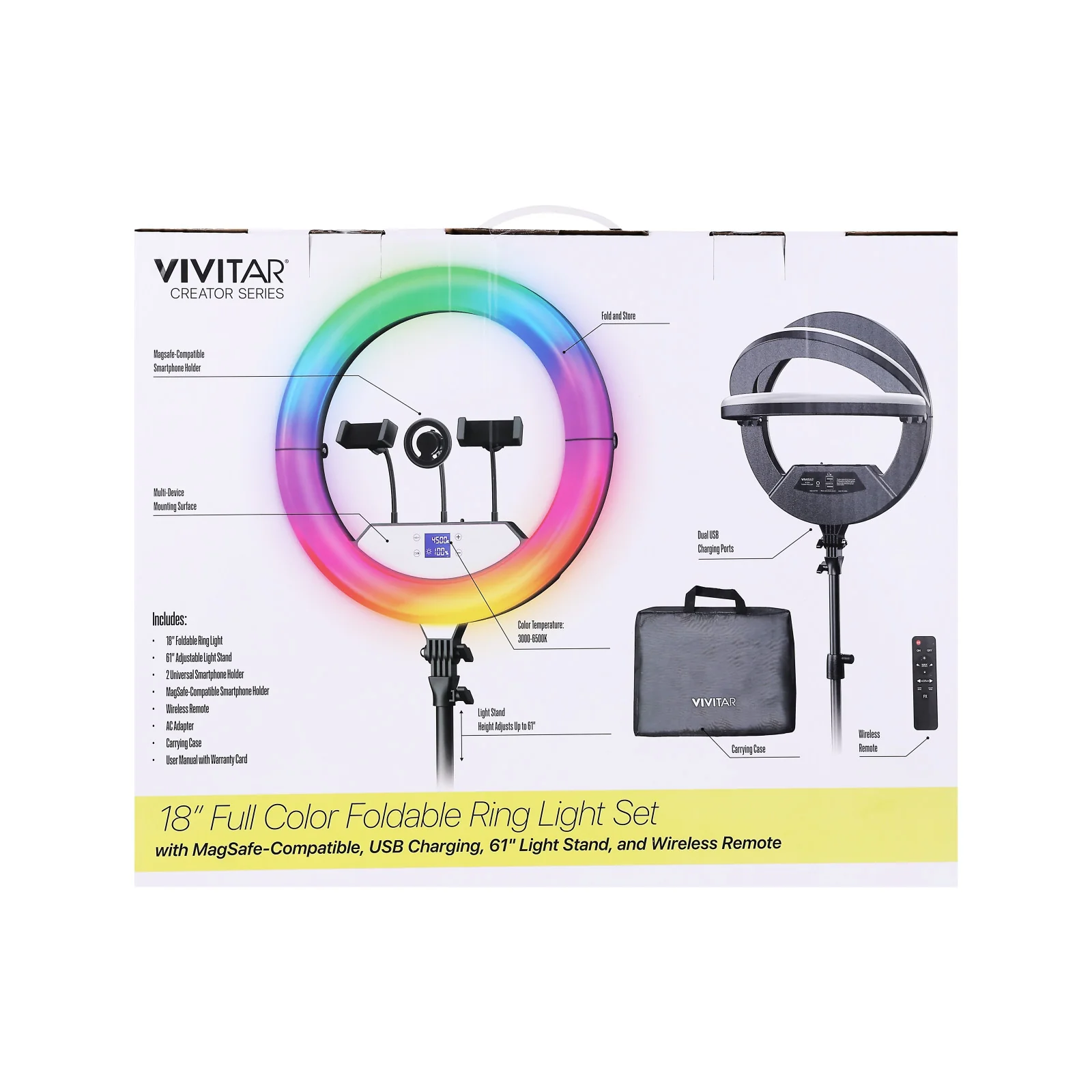 Vivitar Creator Series 18" RGB Foldable Ring Light with Stand, MagSafe-Compatible Phone Mount, Dual USB Charging, Wireless Remote, Adjustable Tripod for Live Vlogging, Makeup, & Live Streaming - Image 11