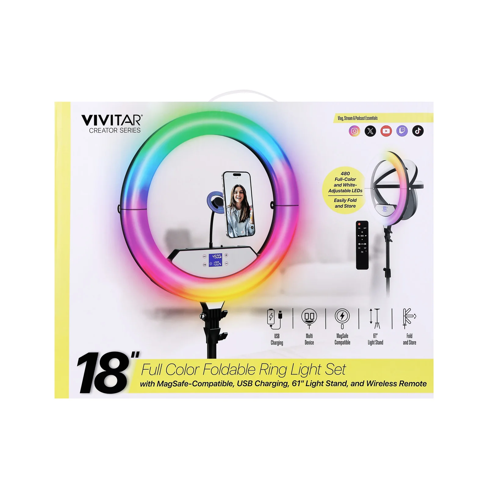 Vivitar Creator Series 18" RGB Foldable Ring Light with Stand, MagSafe-Compatible Phone Mount, Dual USB Charging, Wireless Remote, Adjustable Tripod for Live Vlogging, Makeup, & Live Streaming - Image 12
