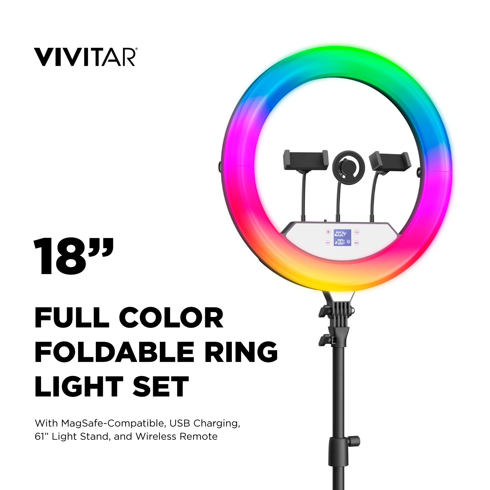 Vivitar Creator Series 18" RGB Foldable Ring Light with Stand, MagSafe-Compatible Phone Mount, Dual USB Charging, Wireless Remote, Adjustable Tripod for Live Vlogging, Makeup, & Live Streaming - Image 2
