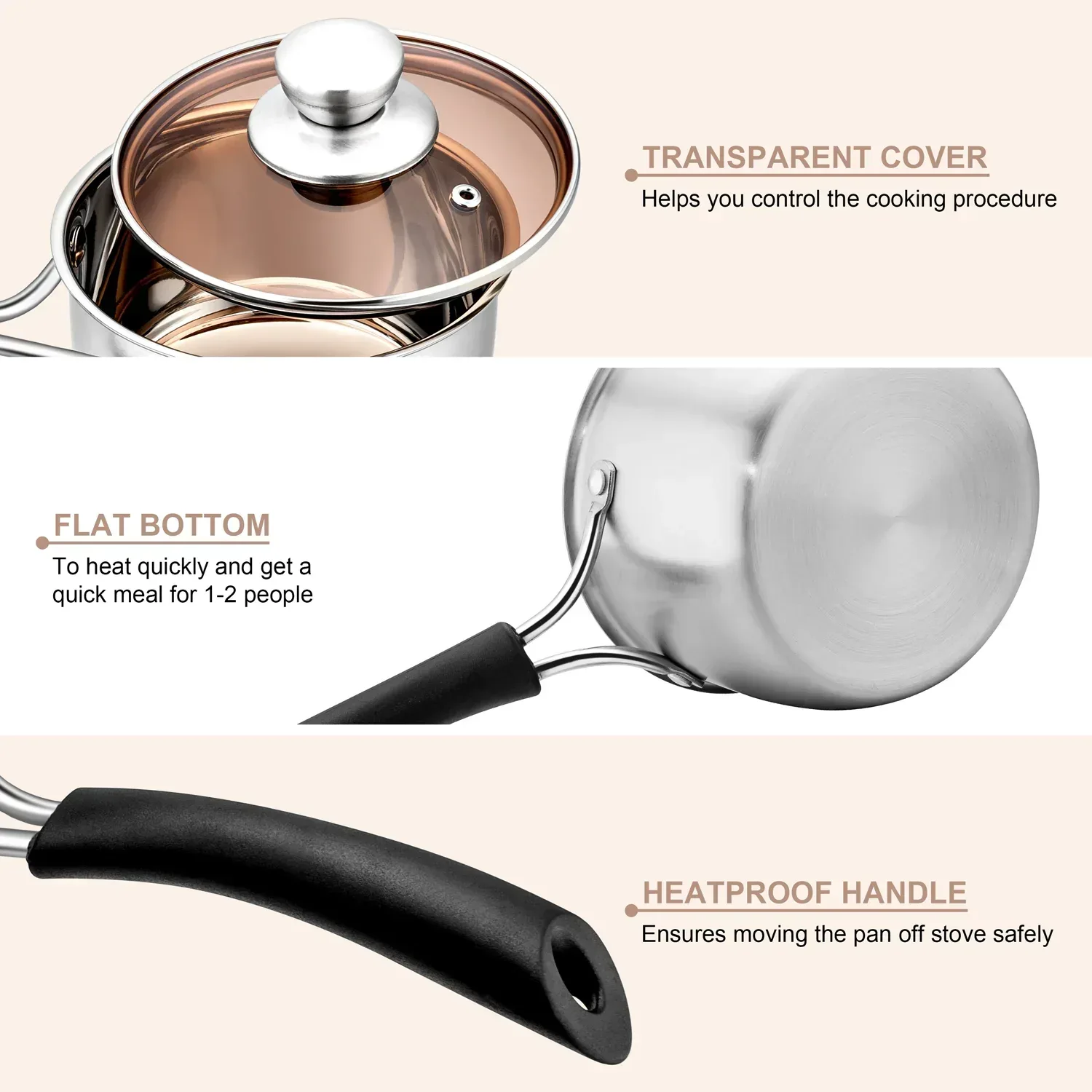 Walchoice 1 Quart Saucepan, Stainless Steel Soup Milk Pan with Transparent Lid - Image 2