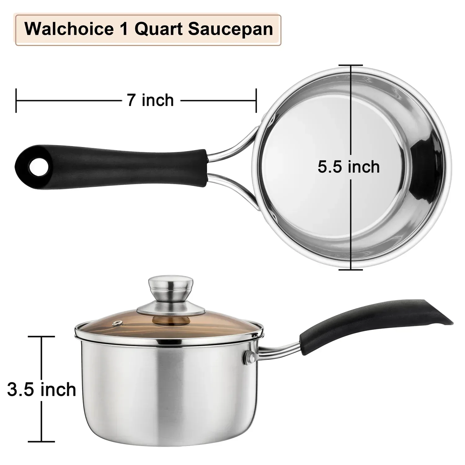 Walchoice 1 Quart Saucepan, Stainless Steel Soup Milk Pan with Transparent Lid - Image 6