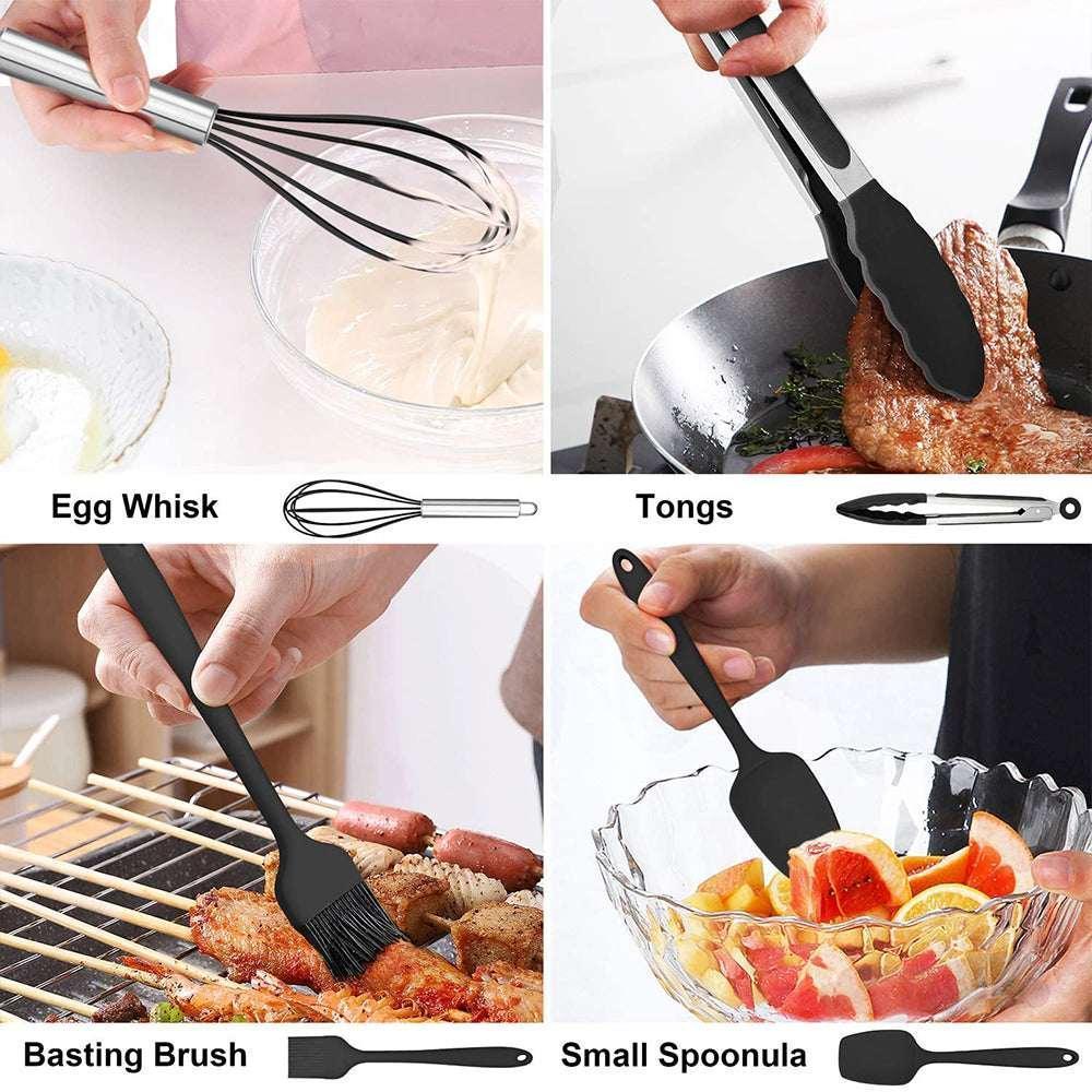 Walchoice 14 Pcs Cooking Utensils Set with Holder, Heat Resistant Silicone Kitchen Cookware Utensils Set, Kitchen Cooking Tools Includes Spatula Spoon Turner Whisk Tong, Dishwasher safe, Black - Image 10