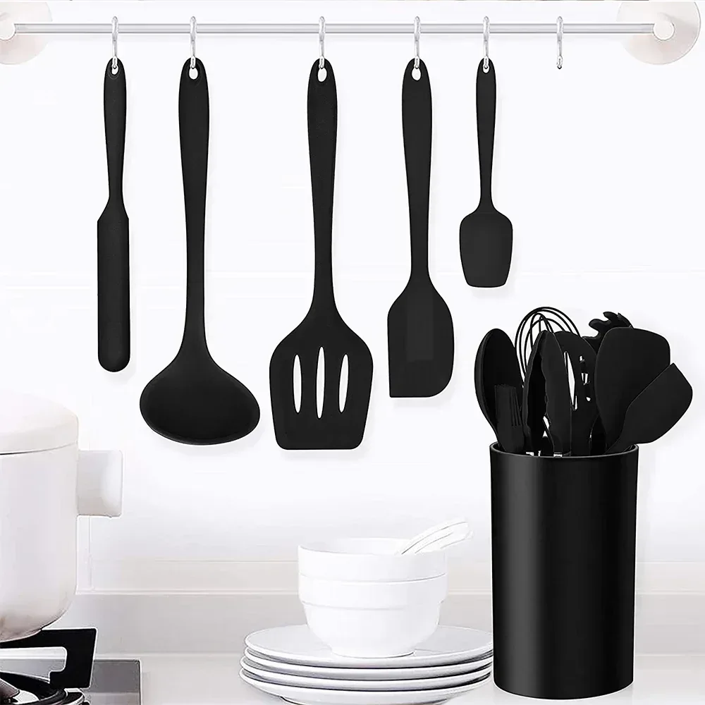 Walchoice 14 Pcs Cooking Utensils Set with Holder, Heat Resistant Silicone Kitchen Cookware Utensils Set, Kitchen Cooking Tools Includes Spatula Spoon Turner Whisk Tong, Dishwasher safe, Black - Image 11