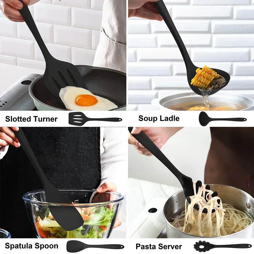 Walchoice 14 Pcs Cooking Utensils Set with Holder, Heat Resistant Silicone Kitchen Cookware Utensils Set, Kitchen Cooking Tools Includes Spatula Spoon Turner Whisk Tong, Dishwasher safe, Black - Image 12