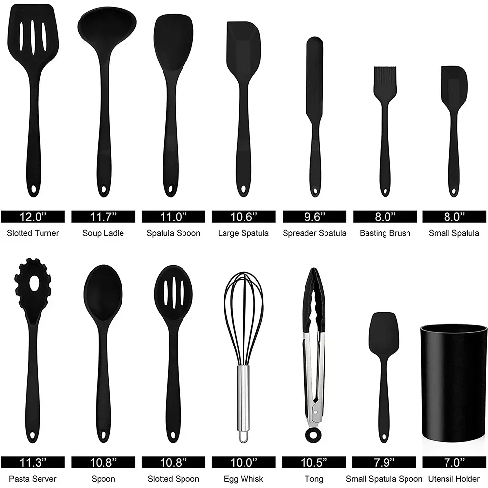 Walchoice 14 Pcs Cooking Utensils Set with Holder, Heat Resistant Silicone Kitchen Cookware Utensils Set, Kitchen Cooking Tools Includes Spatula Spoon Turner Whisk Tong, Dishwasher safe, Black - Image 7