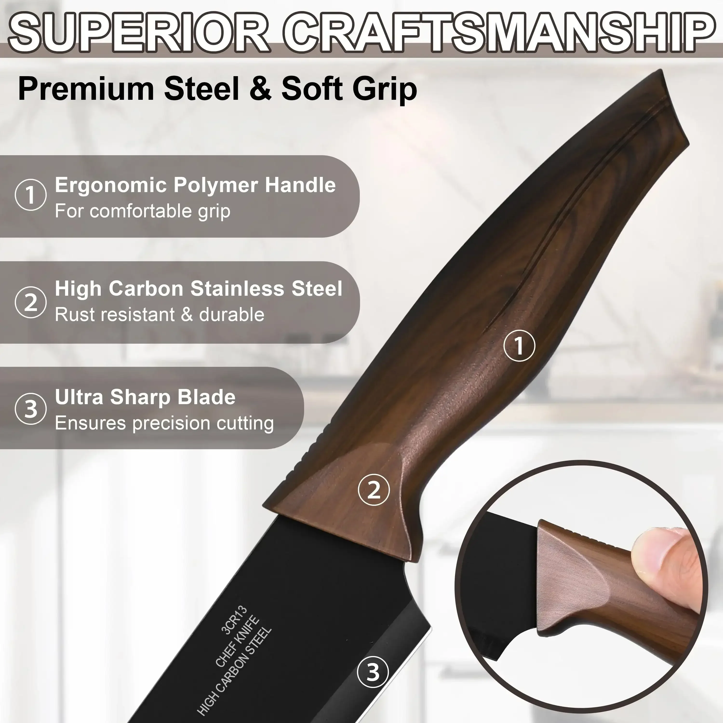 Walchoice 15 Pieces Knife Set with Block, High Carbon Stainless Steel Kitchen Knife Set with Sharpener, Rust Resistant & Dishwasher Safe - Image 11