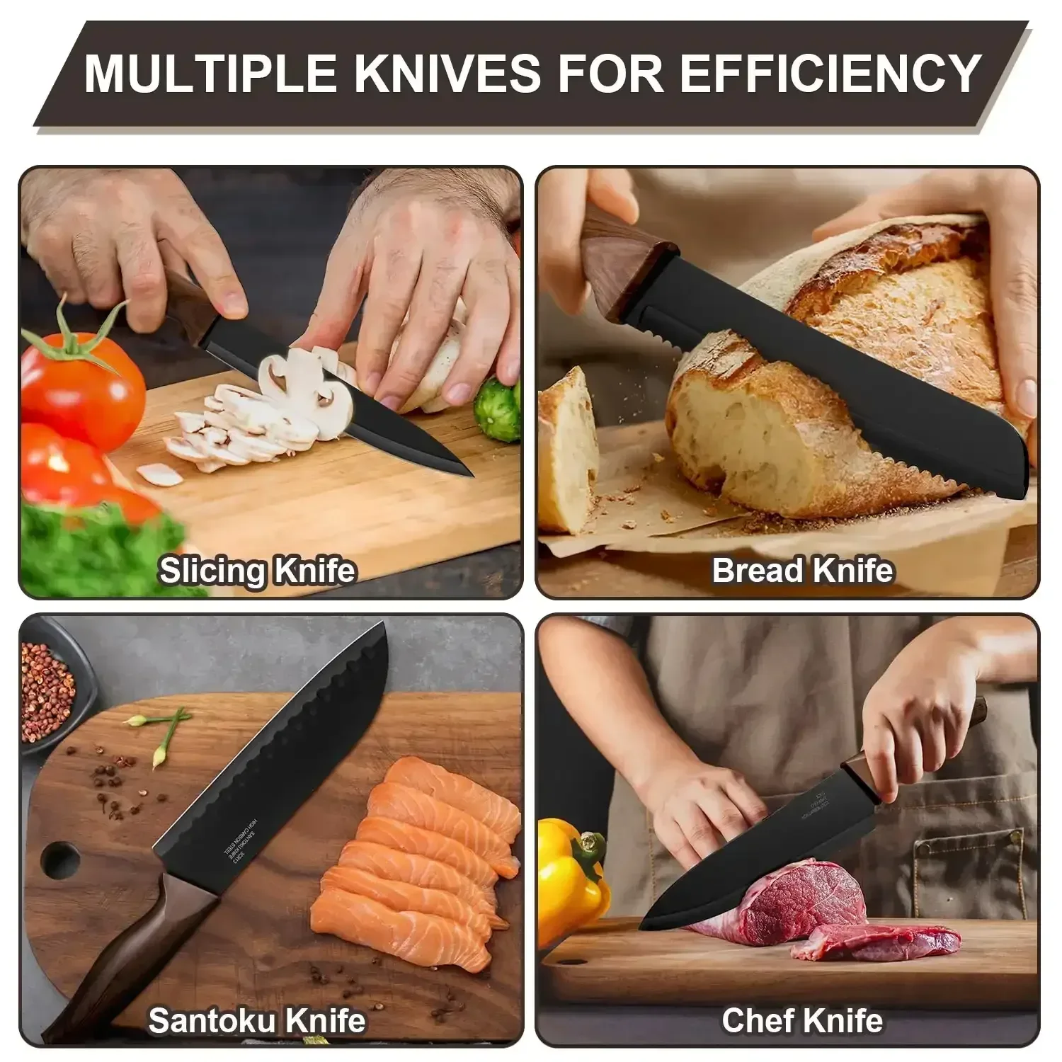 Walchoice 15 Pieces Knife Set with Block, High Carbon Stainless Steel Kitchen Knife Set with Sharpener, Rust Resistant & Dishwasher Safe - Image 12