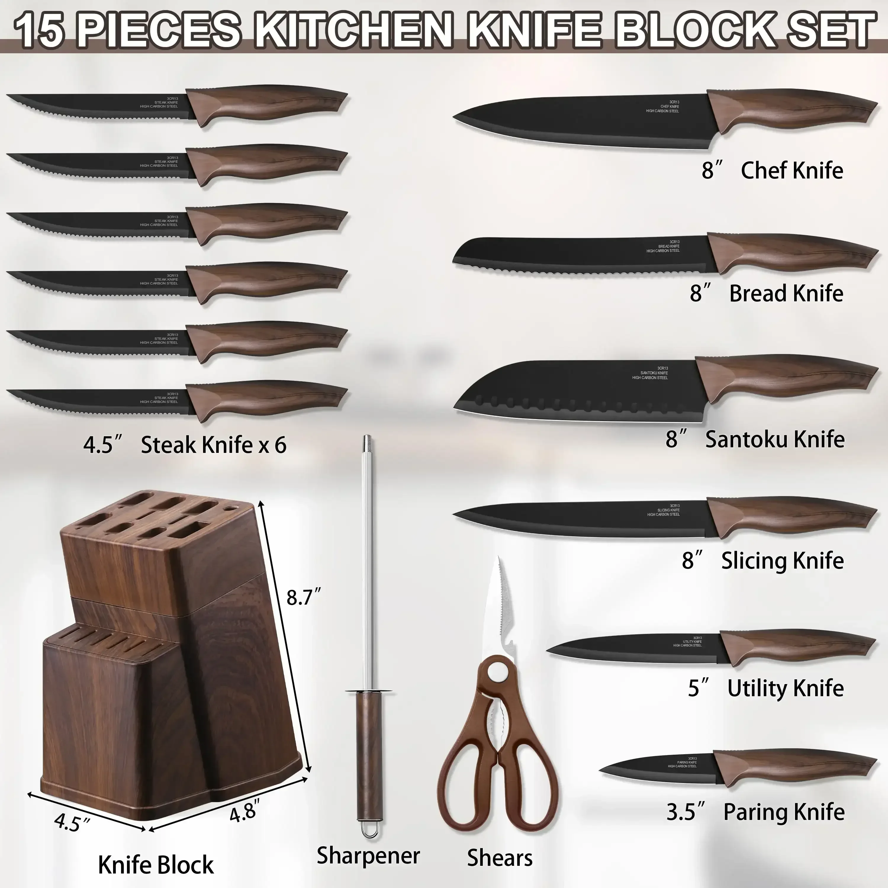 Walchoice 15 Pieces Knife Set with Block, High Carbon Stainless Steel Kitchen Knife Set with Sharpener, Rust Resistant & Dishwasher Safe - Image 13