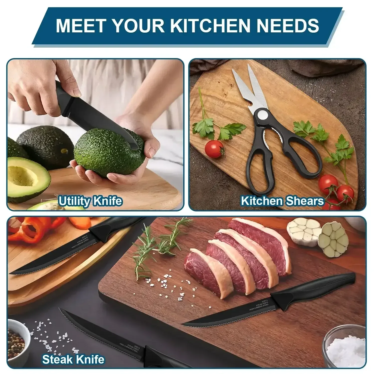 Walchoice 15 Pieces Knife Set with Block, High Carbon Stainless Steel Kitchen Knife Set with Sharpener, Rust Resistant & Dishwasher Safe - Image 18