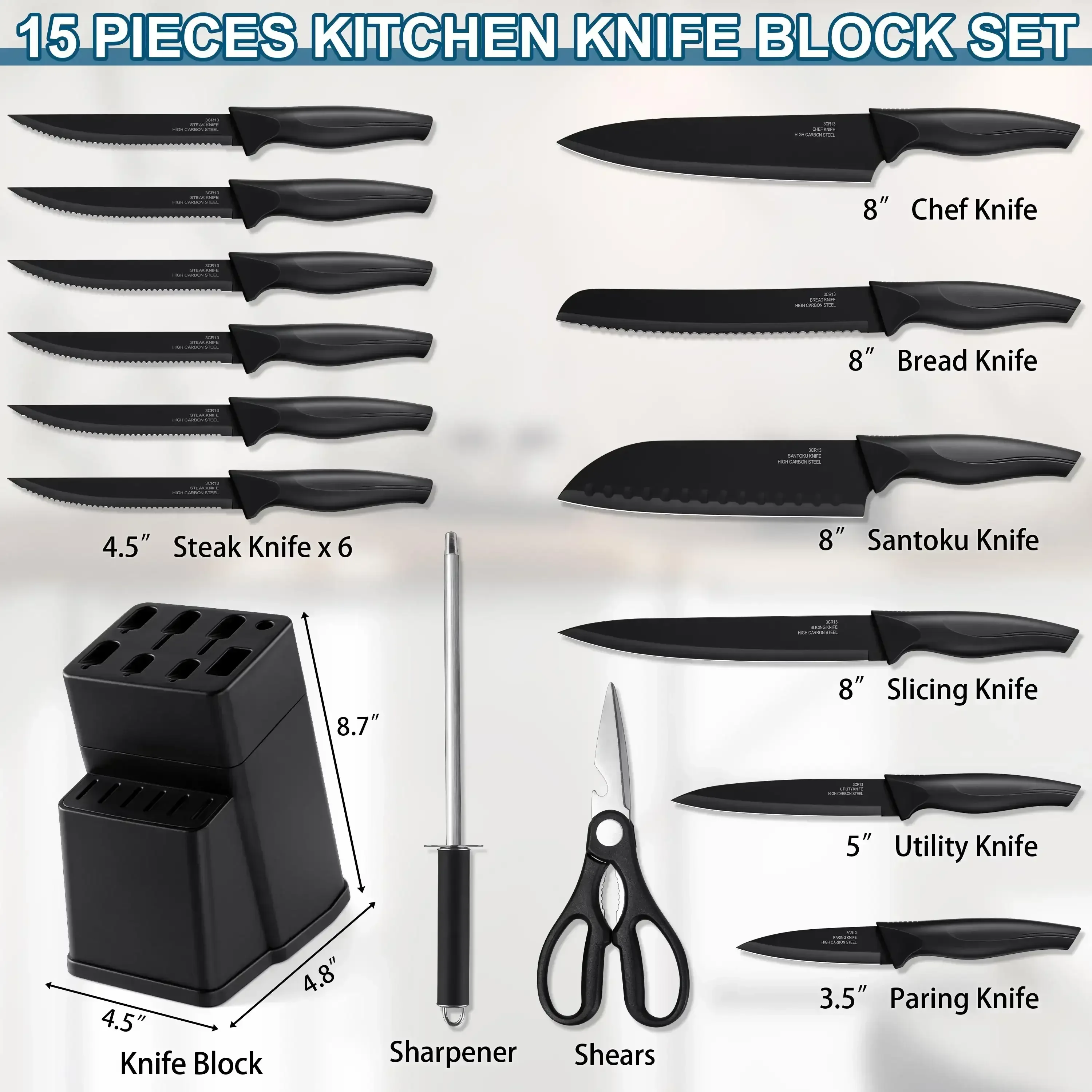 Walchoice 15 Pieces Knife Set with Block, High Carbon Stainless Steel Kitchen Knife Set with Sharpener, Rust Resistant & Dishwasher Safe - Image 19