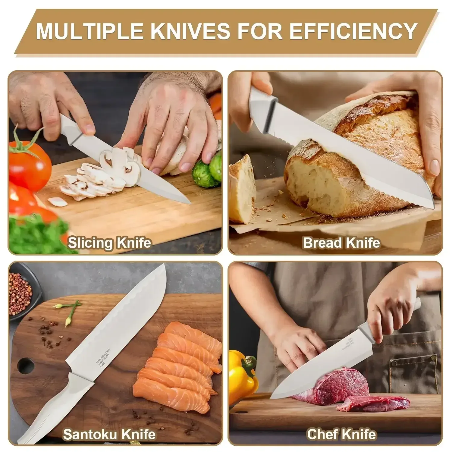 Walchoice 15 Pieces Knife Set with Block, High Carbon Stainless Steel Kitchen Knife Set with Sharpener, Rust Resistant & Dishwasher Safe - Image 2