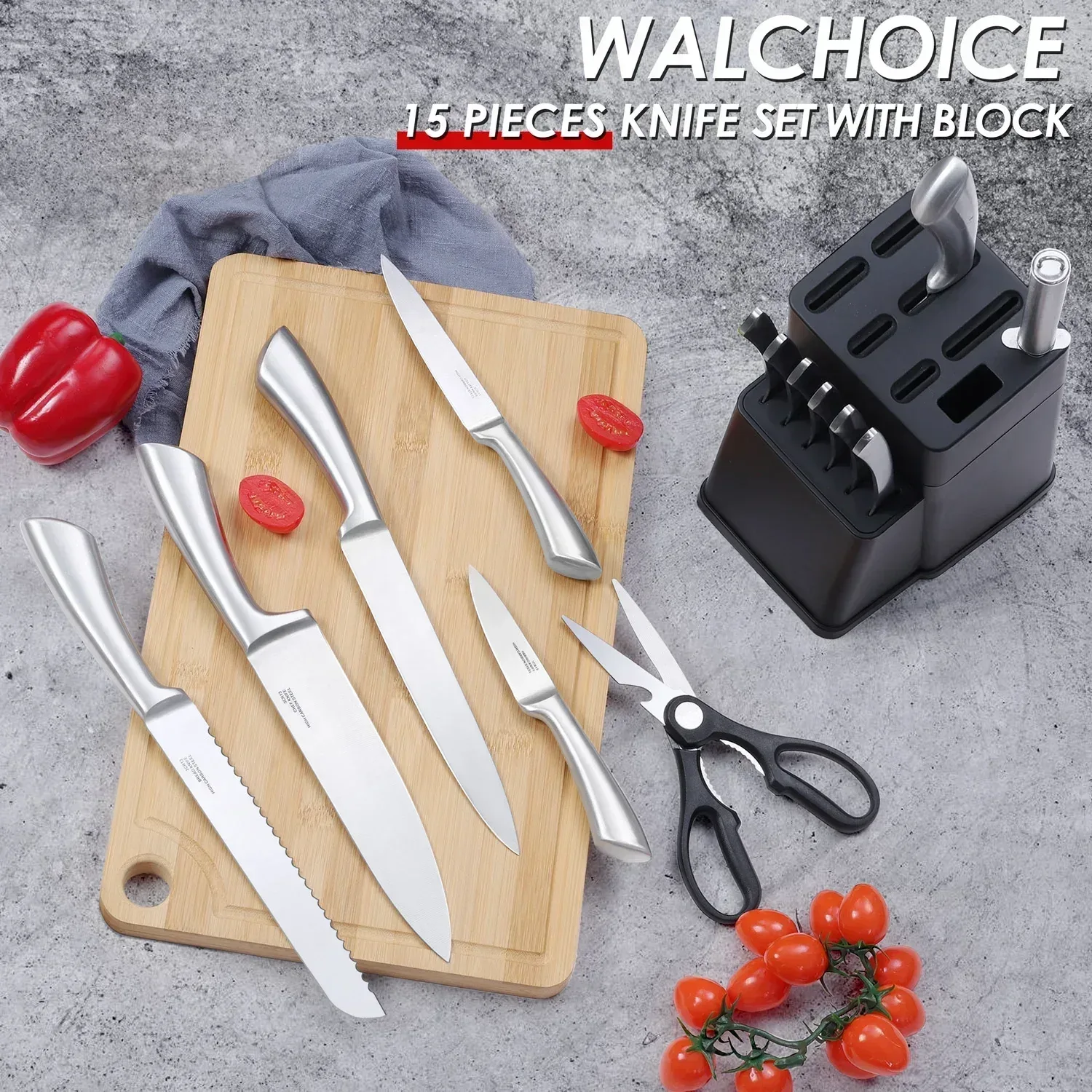 Walchoice 15 Pieces Knife Set with Block, High Carbon Stainless Steel Kitchen Knife Set with Sharpener, Rust Resistant & Dishwasher Safe - Image 26