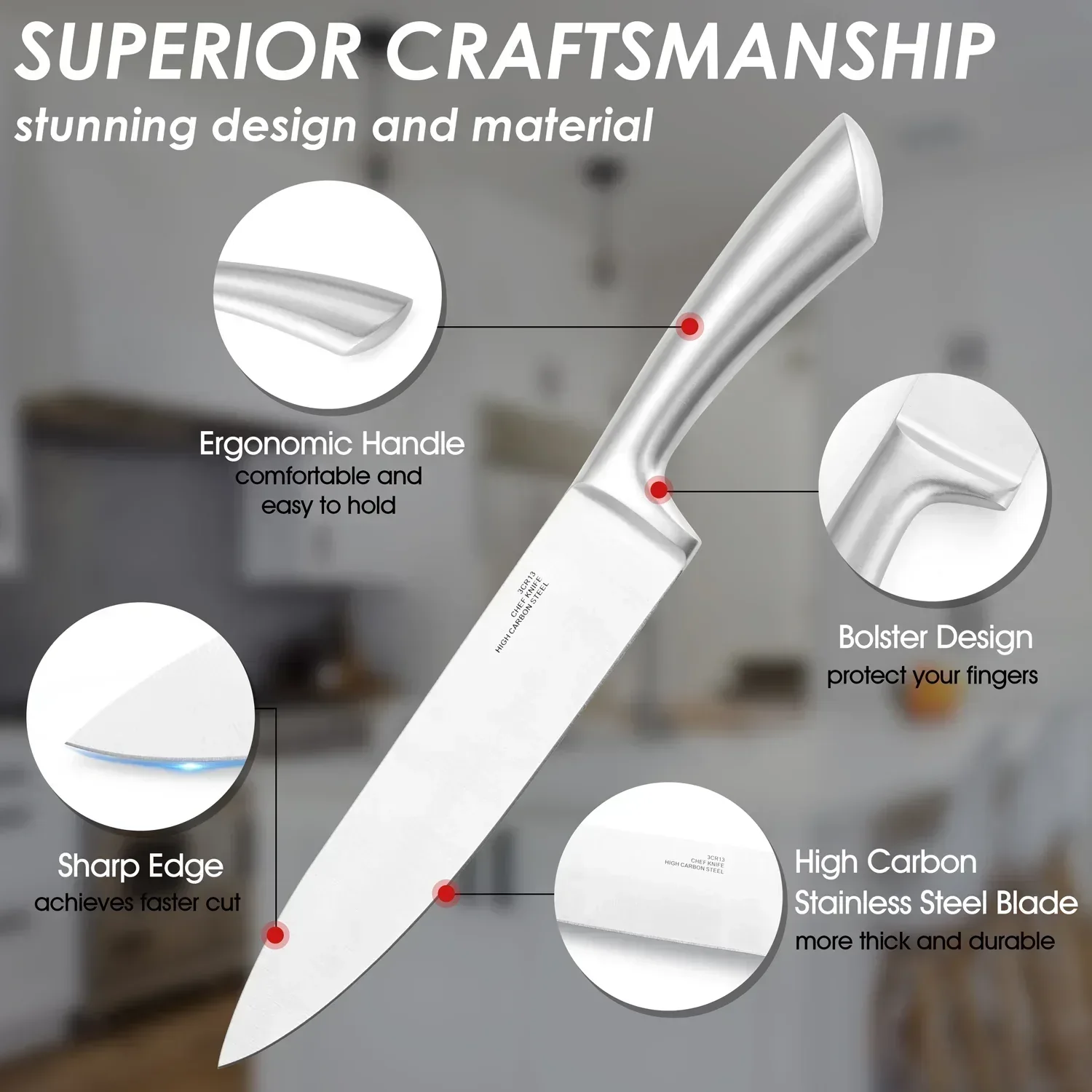 Walchoice 15 Pieces Knife Set with Block, High Carbon Stainless Steel Kitchen Knife Set with Sharpener, Rust Resistant & Dishwasher Safe - Image 27