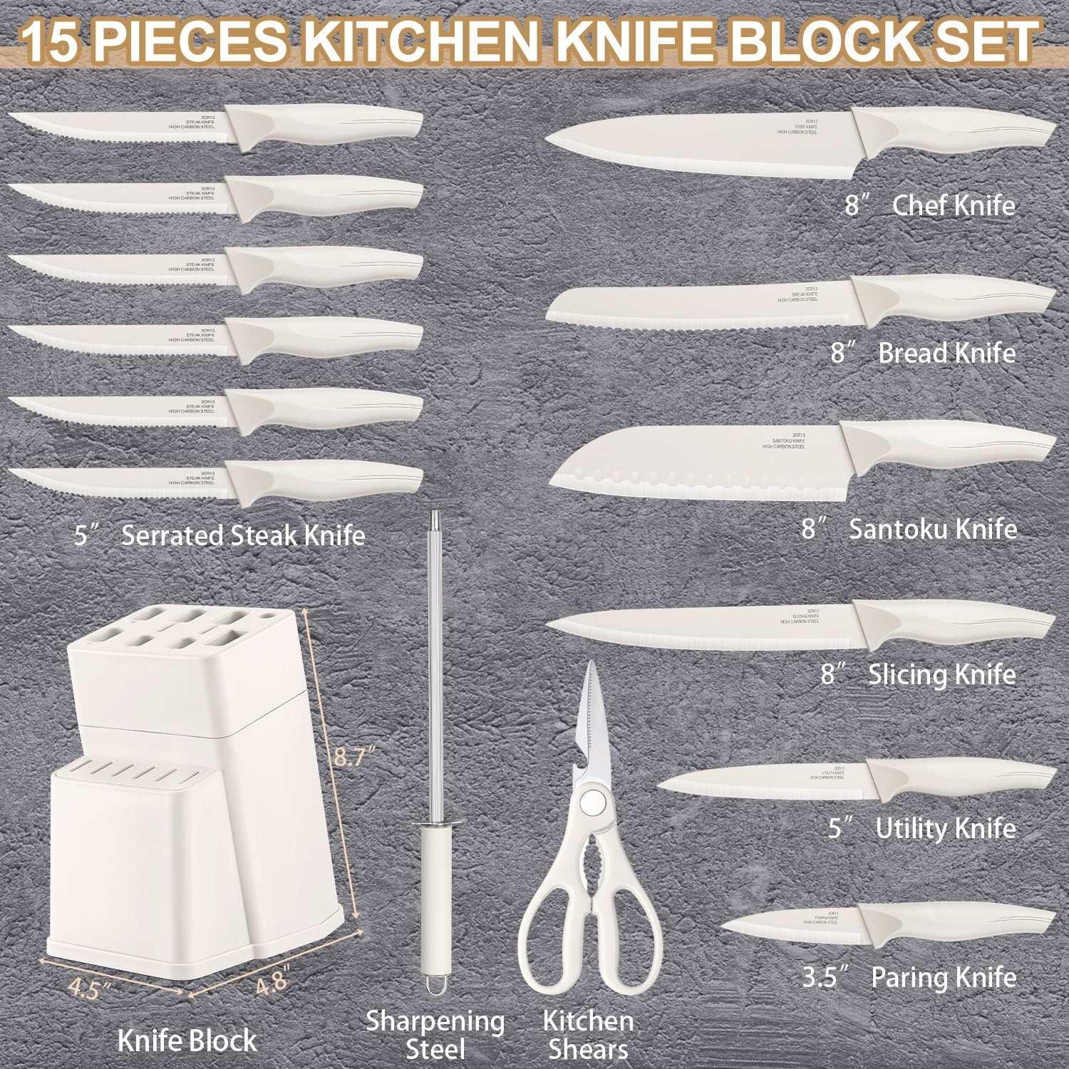 Walchoice 15 Pieces Knife Set with Block, High Carbon Stainless Steel Kitchen Knife Set with Sharpener, Rust Resistant & Dishwasher Safe - Image 3