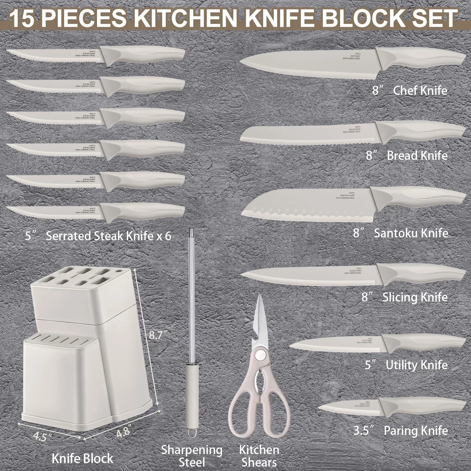 Walchoice 15 Pieces Knife Set with Block, High Carbon Stainless Steel Kitchen Knife Set with Sharpener, Rust Resistant & Dishwasher Safe - Image 33