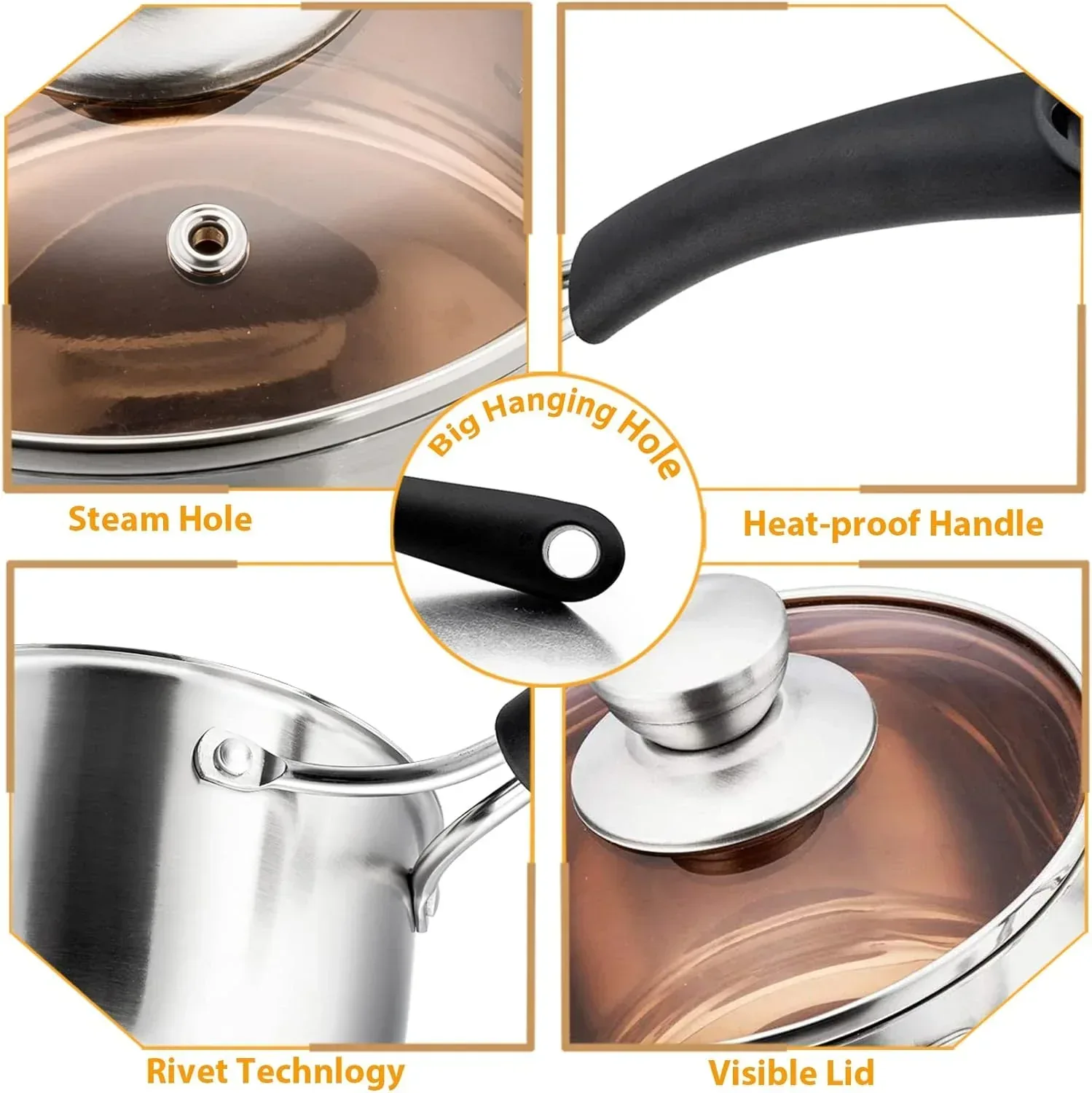 Walchoice 2QT & 1QT Saucepan Set, Stainless Steel Soup Pot with Lid for Home Restaurant, Heat-Proof Handles & Dishwasher Safe - Image 2