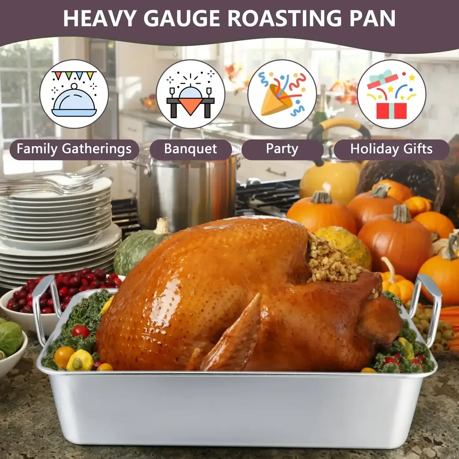Walchoice Roasting Pan with Rack Set, Stainless Steel Large Turkey Roaster with V-shaped rack & Cooling Rack for Thanksgiving, Heavy Duty & Dishwasher Safe - Image 3