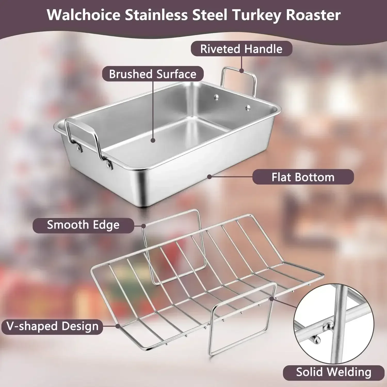 Walchoice Roasting Pan with Rack Set, Stainless Steel Large Turkey Roaster with V-shaped rack & Cooling Rack for Thanksgiving, Heavy Duty & Dishwasher Safe - Image 9