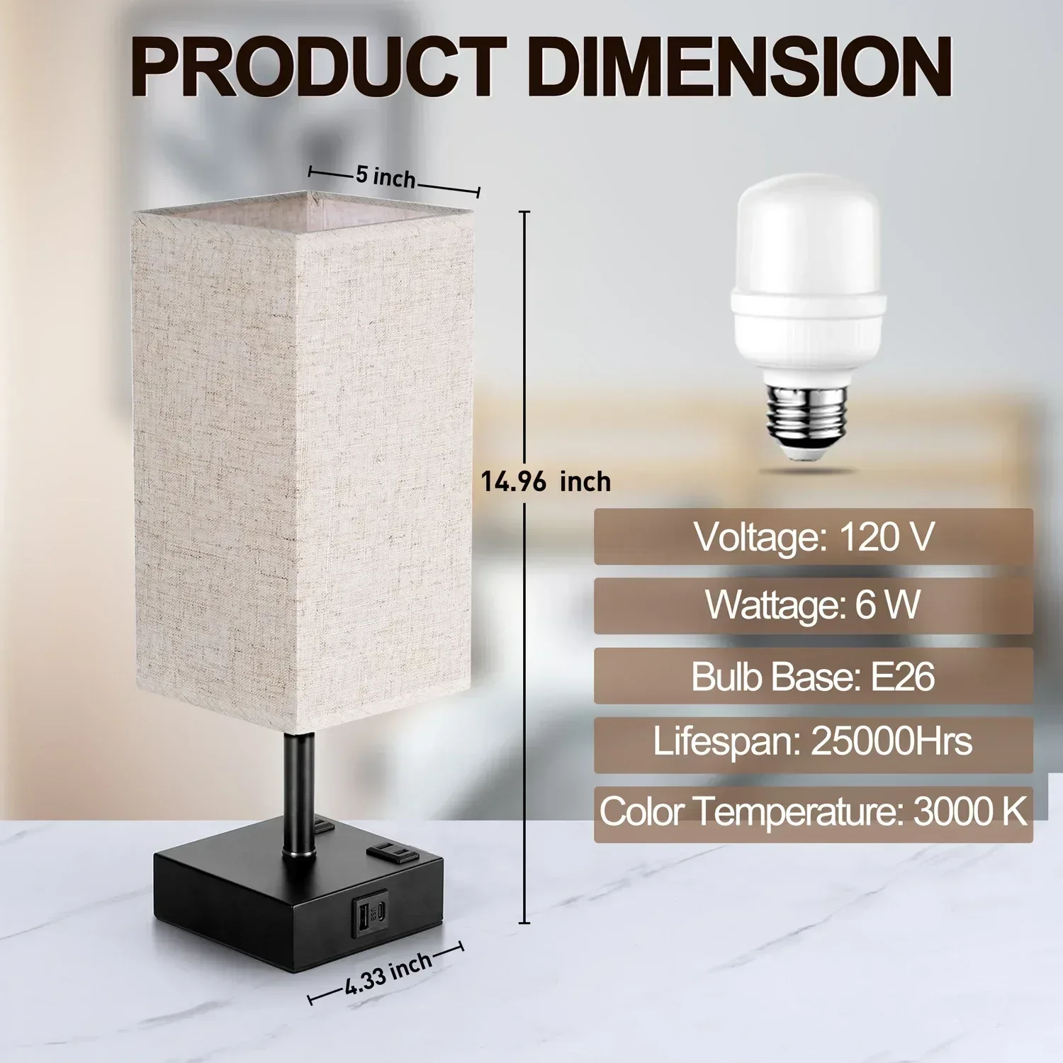 Walchoice Touch Control Table Lamp for Bedroom, 3-Way Dimmable Desk Lamp with USB A+C Charging Ports & 2-Prong AC Outlets, Nightstand Lamp with Rectangular Flaxen Shade - Image 2