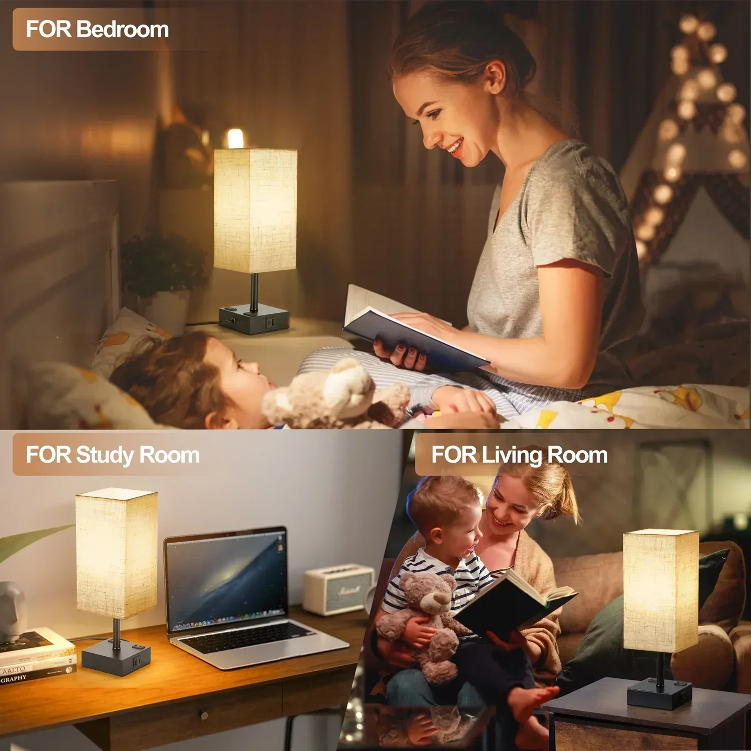 Walchoice Touch Control Table Lamp for Bedroom, 3-Way Dimmable Desk Lamp with USB A+C Charging Ports & 2-Prong AC Outlets, Nightstand Lamp with Rectangular Flaxen Shade - Image 3