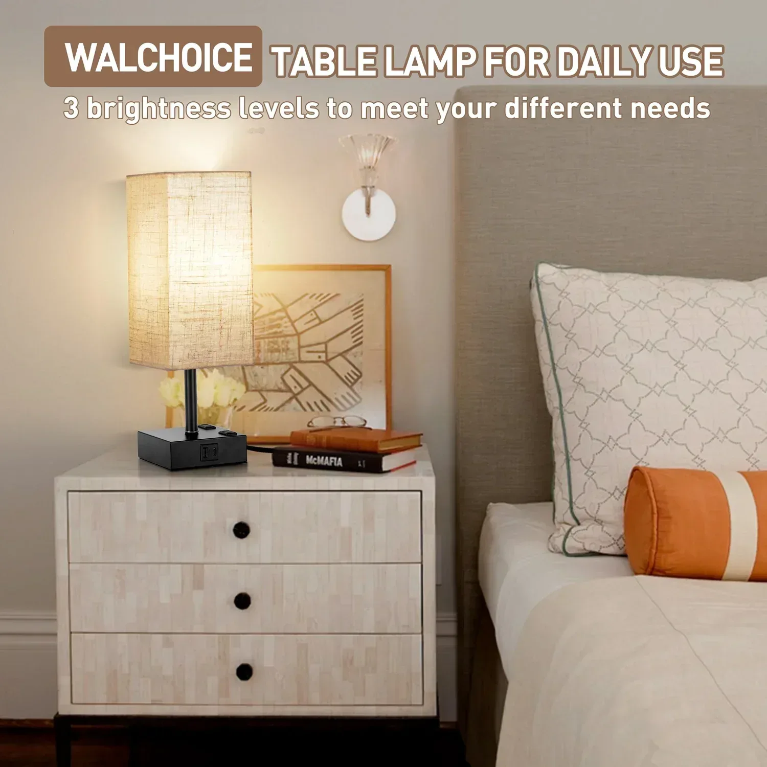 Walchoice Touch Control Table Lamp for Bedroom, 3-Way Dimmable Desk Lamp with USB A+C Charging Ports & 2-Prong AC Outlets, Nightstand Lamp with Rectangular Flaxen Shade - Image 4