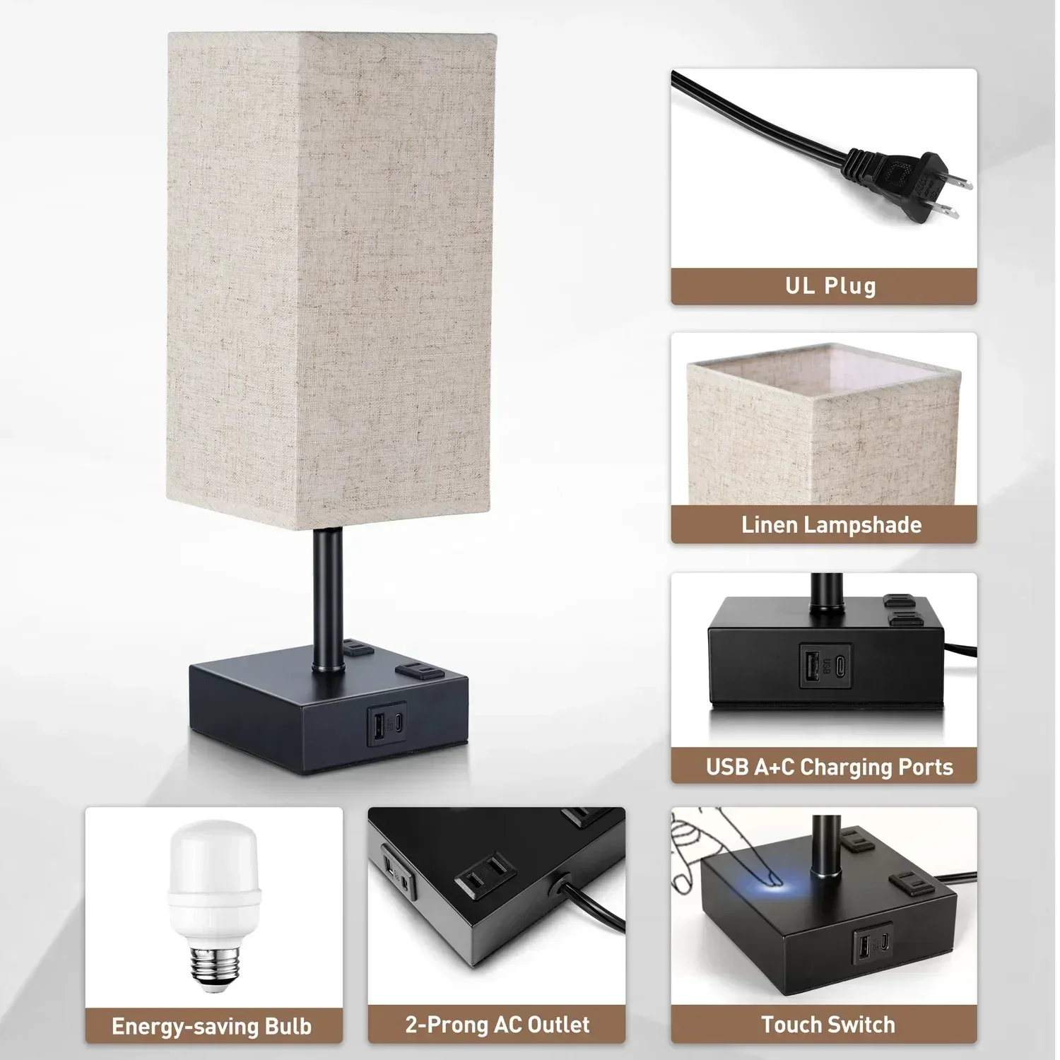 Walchoice Touch Control Table Lamp for Bedroom, 3-Way Dimmable Desk Lamp with USB A+C Charging Ports & 2-Prong AC Outlets, Nightstand Lamp with Rectangular Flaxen Shade - Image 5