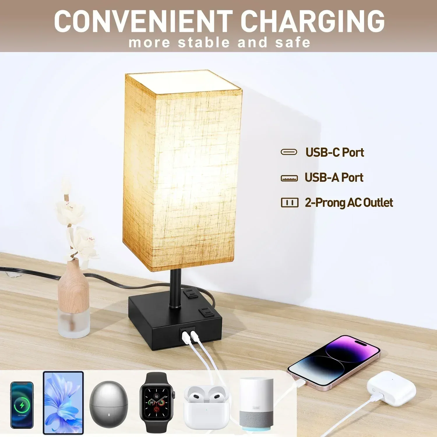 Walchoice Touch Control Table Lamp for Bedroom, 3-Way Dimmable Desk Lamp with USB A+C Charging Ports & 2-Prong AC Outlets, Nightstand Lamp with Rectangular Flaxen Shade - Image 6