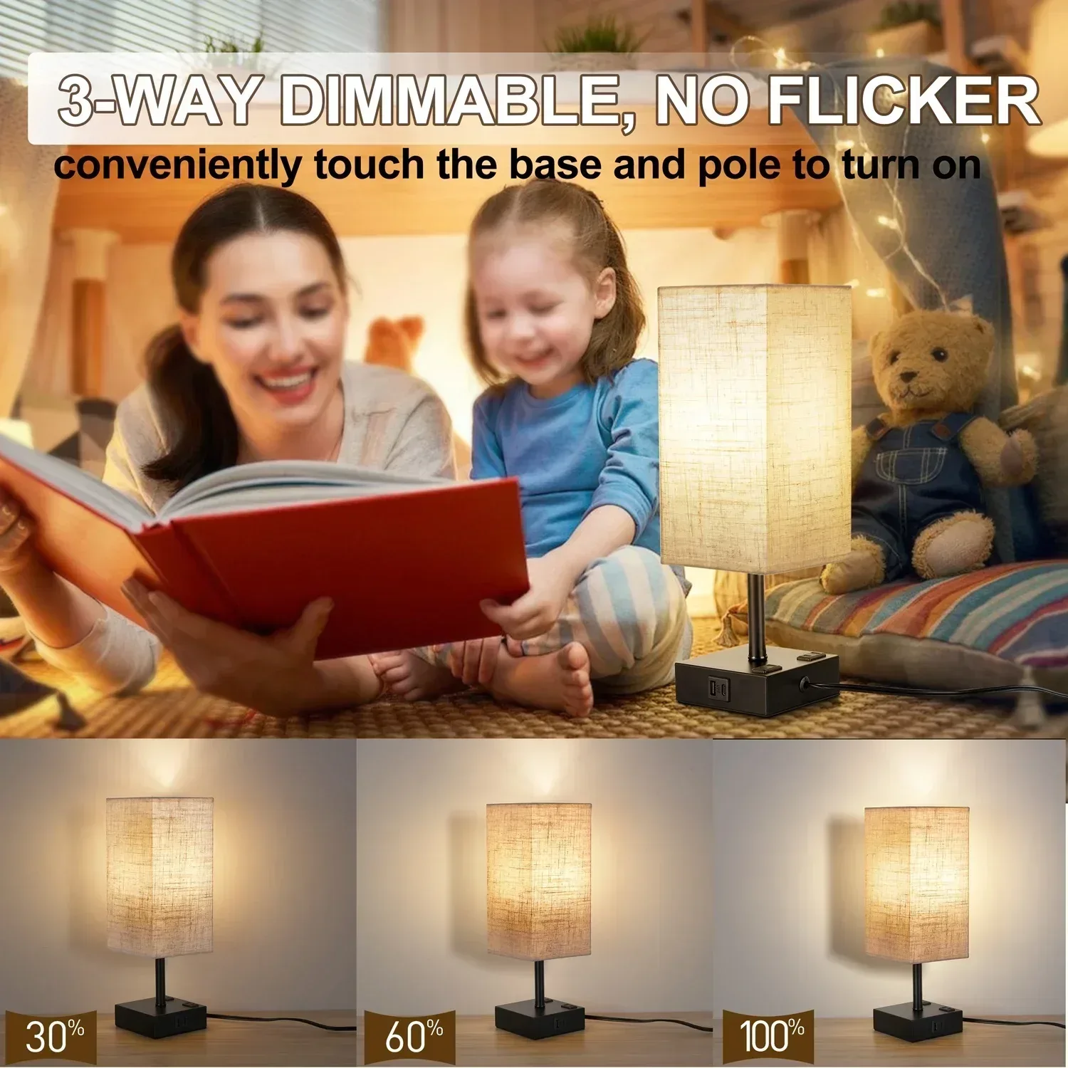 Walchoice Touch Control Table Lamp for Bedroom, 3-Way Dimmable Desk Lamp with USB A+C Charging Ports & 2-Prong AC Outlets, Nightstand Lamp with Rectangular Flaxen Shade - Image 7