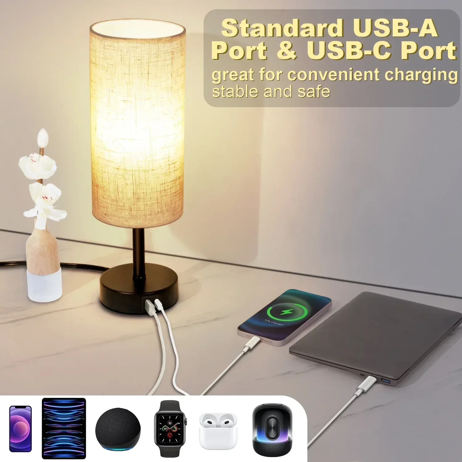 Walchoice Table Lamp Set of 2, Touch Control Desk Reading Lamp with USB A+C Charging Ports, 3-Way Dimmable Nightstand Lamps for Bedroom/ Living Room, Round Flaxen Shade - Image 2