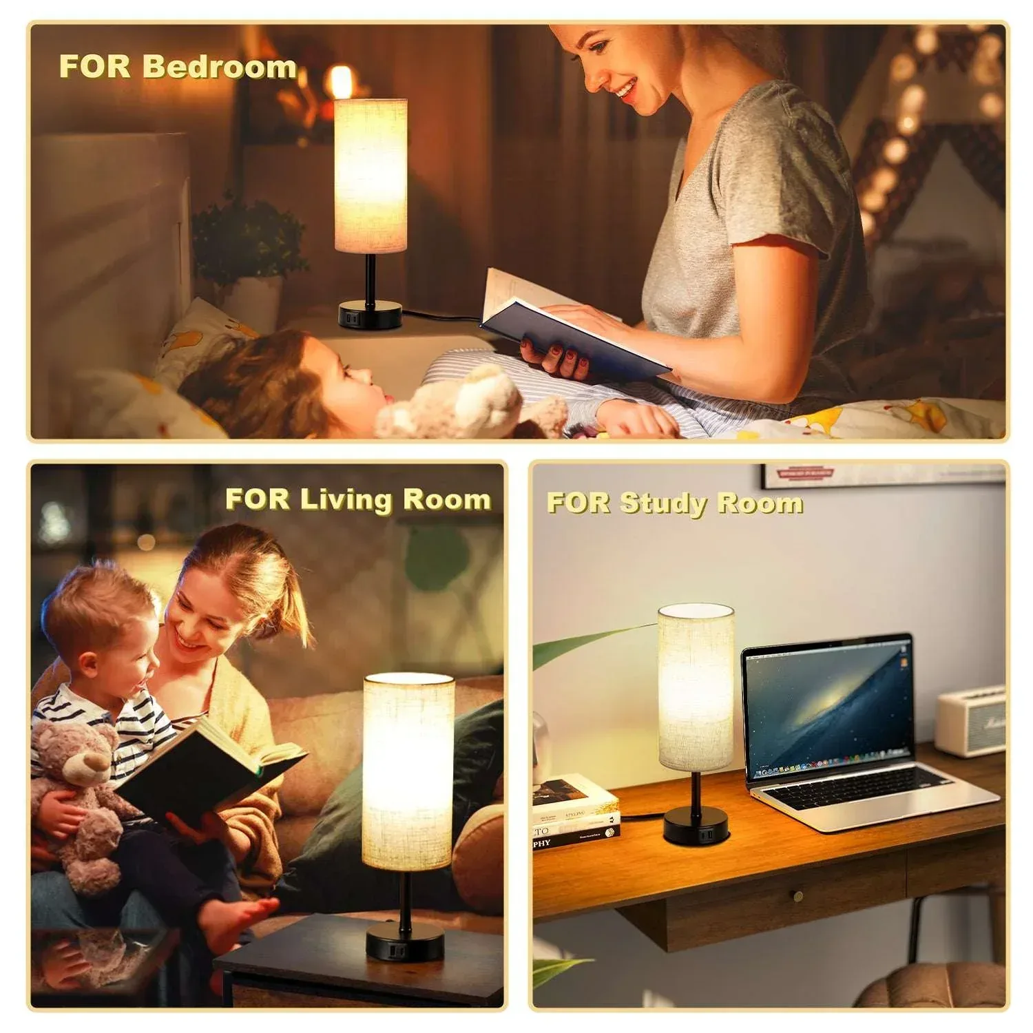 Walchoice Table Lamp Set of 2, Touch Control Desk Reading Lamp with USB A+C Charging Ports, 3-Way Dimmable Nightstand Lamps for Bedroom/ Living Room, Round Flaxen Shade - Image 3